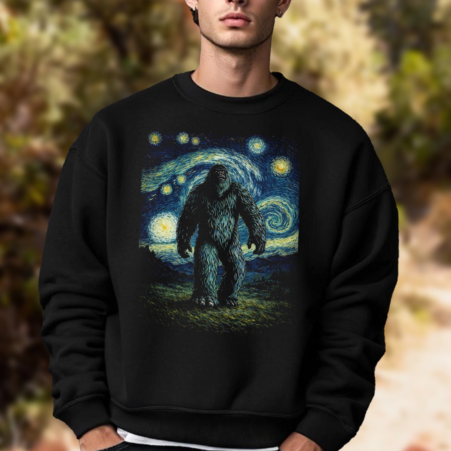 Starry Night Sasquatch T-Shirt – Bigfoot Inspired Van Gogh Art Graphic Tee, Cryptid Night Sky Aesthetic Shirt