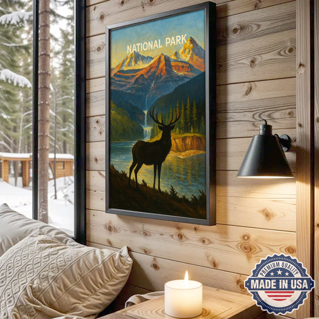 National Park Deer Canvas Wall Art – Vintage Mountain Landscape Painting, Rustic Wildlife Nature Decor for Living Room