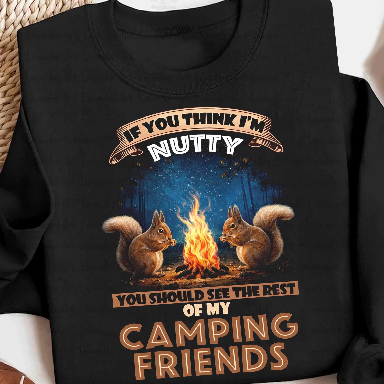 Funny Camping Friends T-Shirt – Nutty Squirrels Around Campfire, Humor Outdoor Camping Graphic Tee
