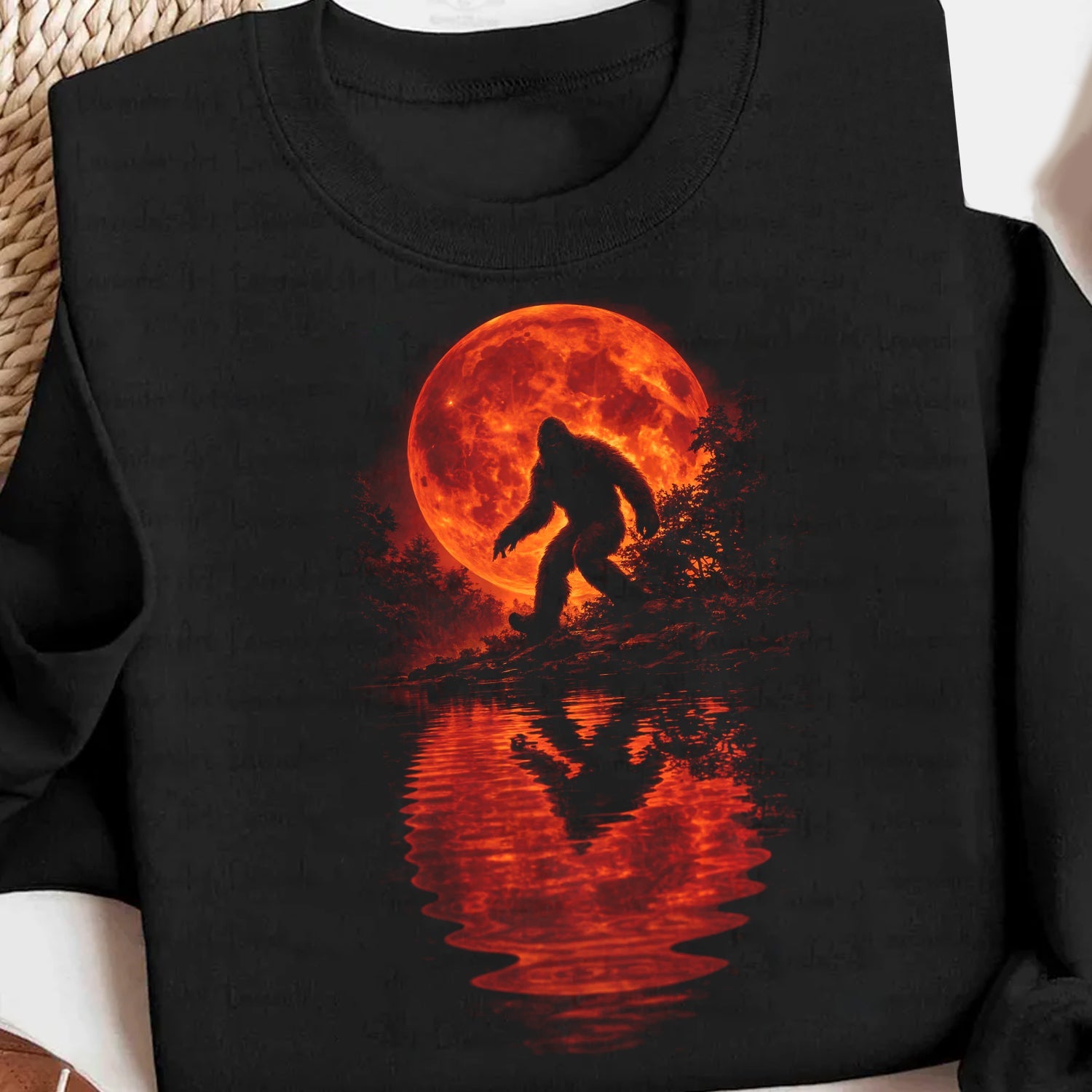 Bigfoot Blood Moon T-Shirt – Sasquatch Silhouette with Fiery Red Moon Reflection, Dark Wilderness Graphic Tee