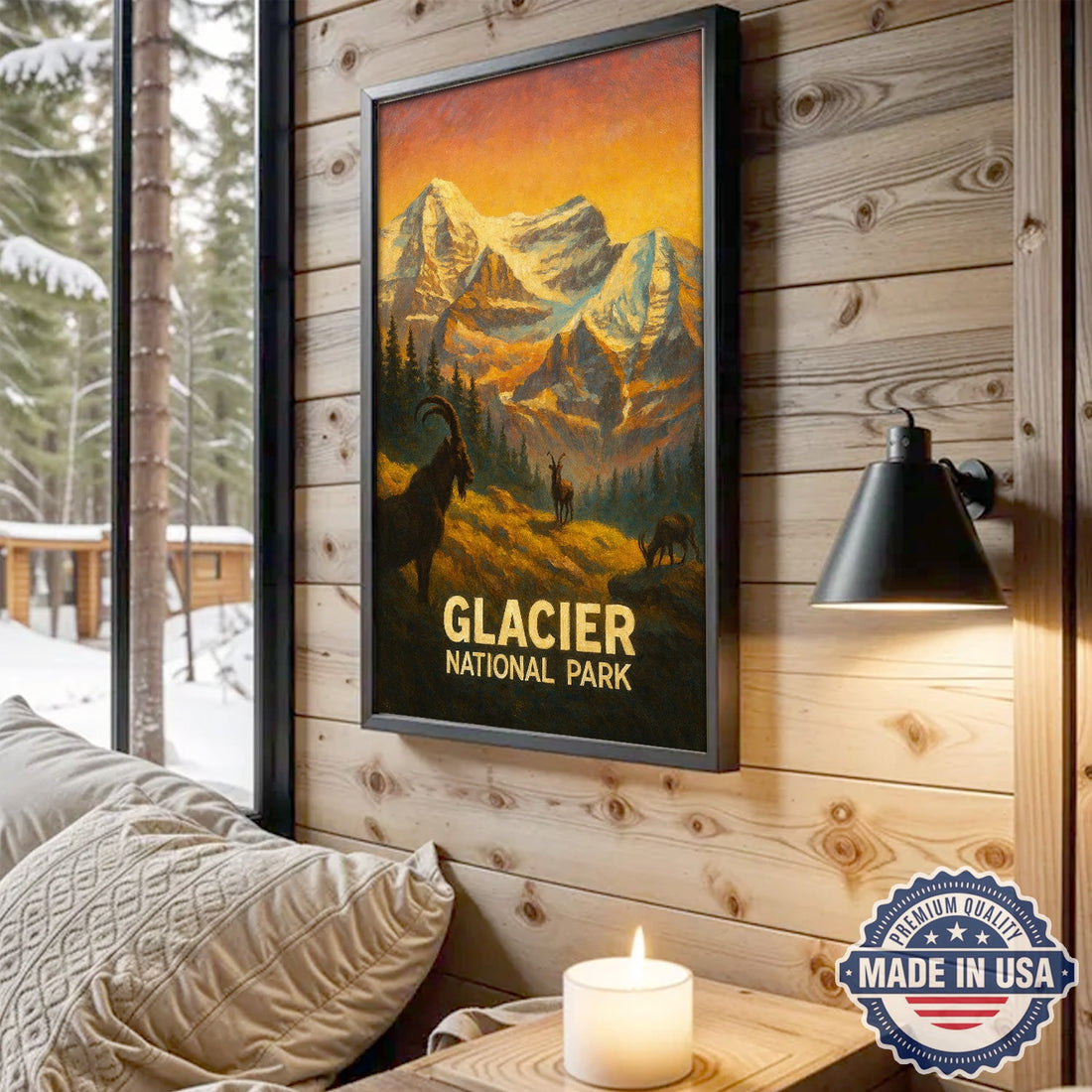 Glacier National Park Canvas Wall Art – Vintage Alpine Mountain Landscape with Wildlife, Classic National Park Nature Decor