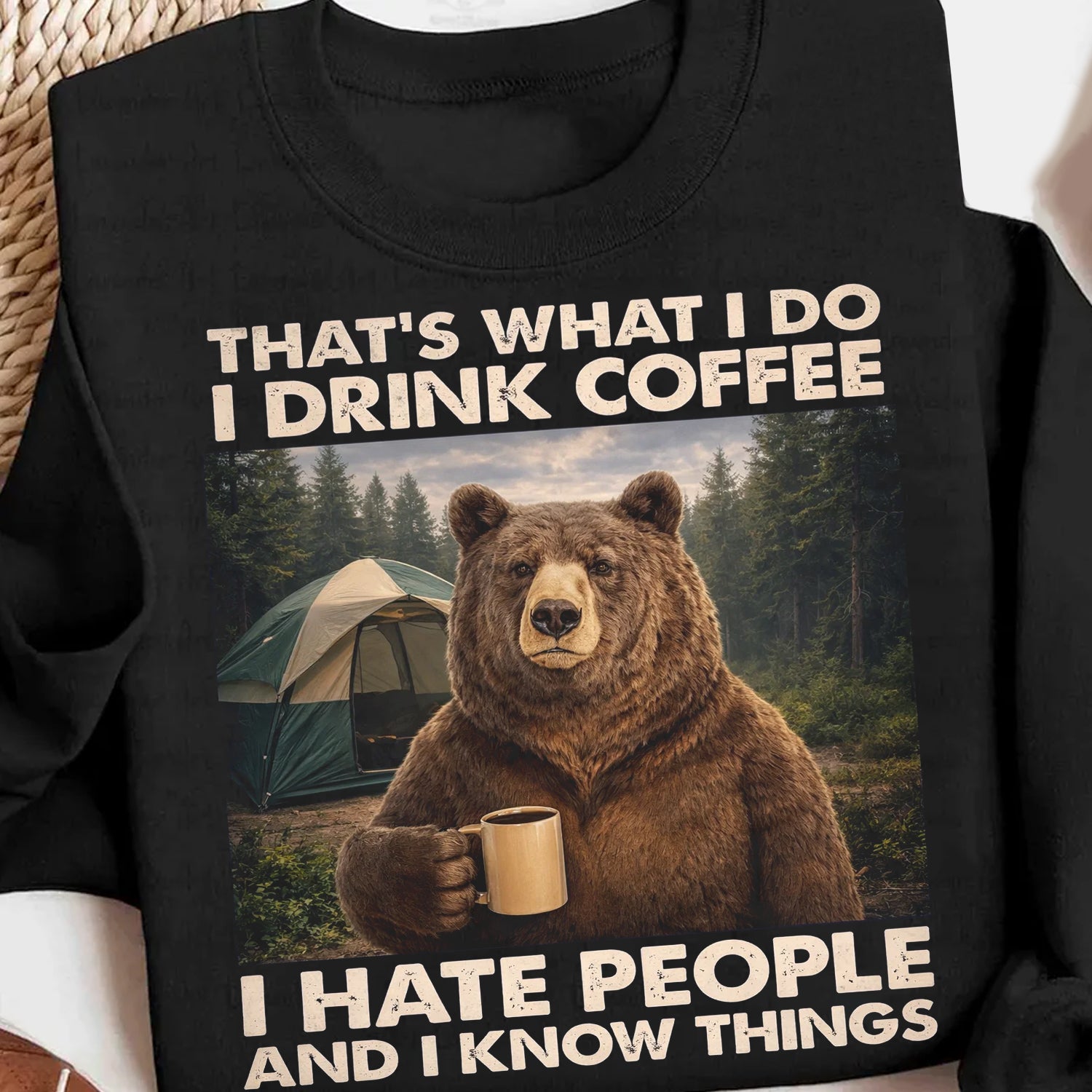 Funny Bear Coffee Camping T-Shirt – Grumpy Bear with Mug Graphic Tee, Outdoor Camping Humor Shirt, Nature Lover Adventure Apparel
