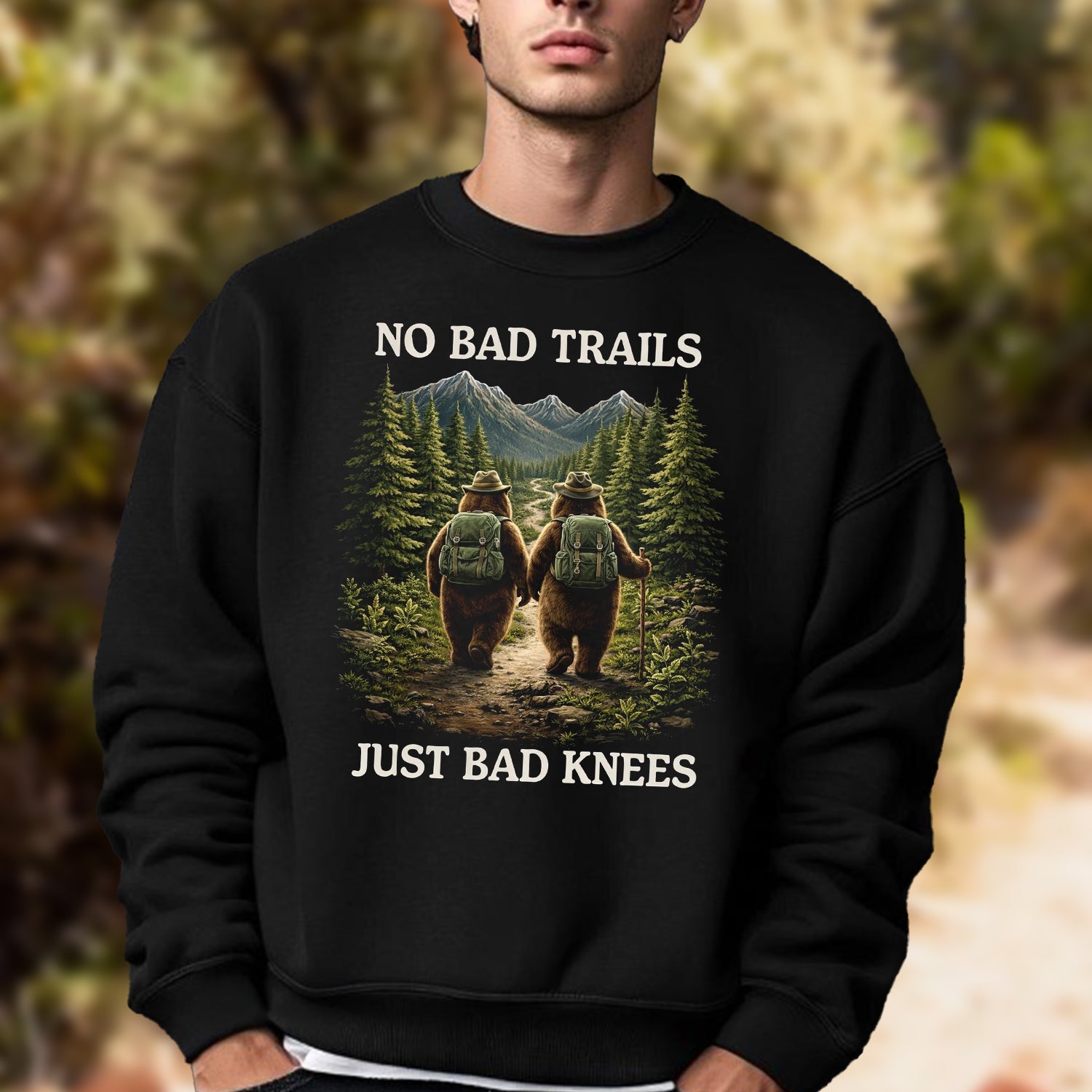 No Bad Trails Just Bad Knees Bear Hiking T-Shirt, Funny Mountain Backpack Adventure Tee, Outdoor Nature Lover Shirt