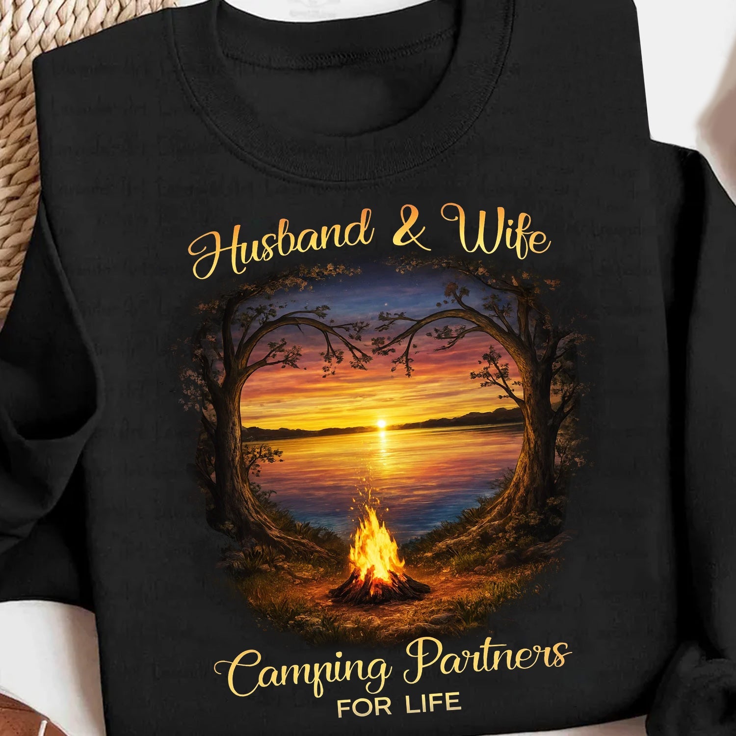 Husband and Wife Camping Partners for Life T-Shirt – Romantic Campfire Sunset Graphic Tee, Couples Outdoor Love Apparel