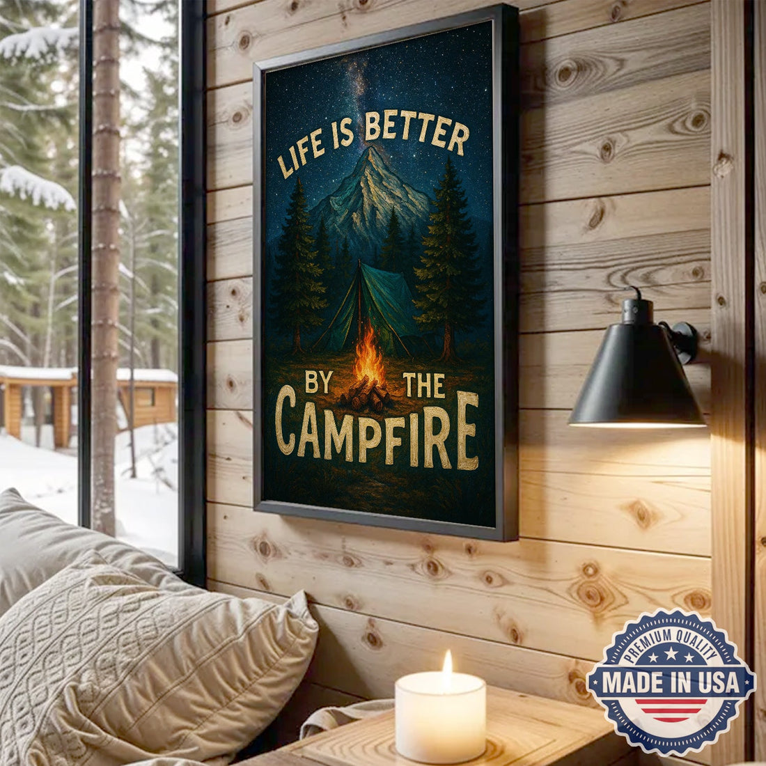 Life Is Better by the Campfire Canvas Wall Art – Vintage Camping Quote with Mountain Night Sky, Rustic Outdoor Adventure Home Decor
