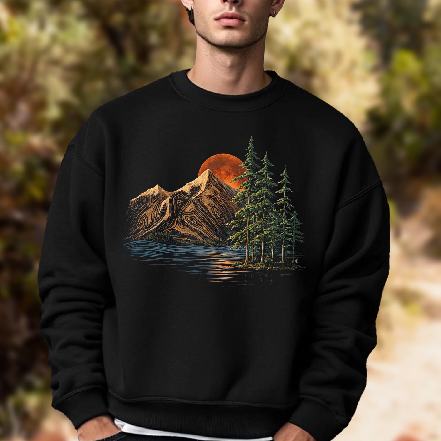Mountain Lake Sunset T-Shirt – Minimalist Nature Landscape Graphic Tee, Pine Forest Outdoor Art Shirt