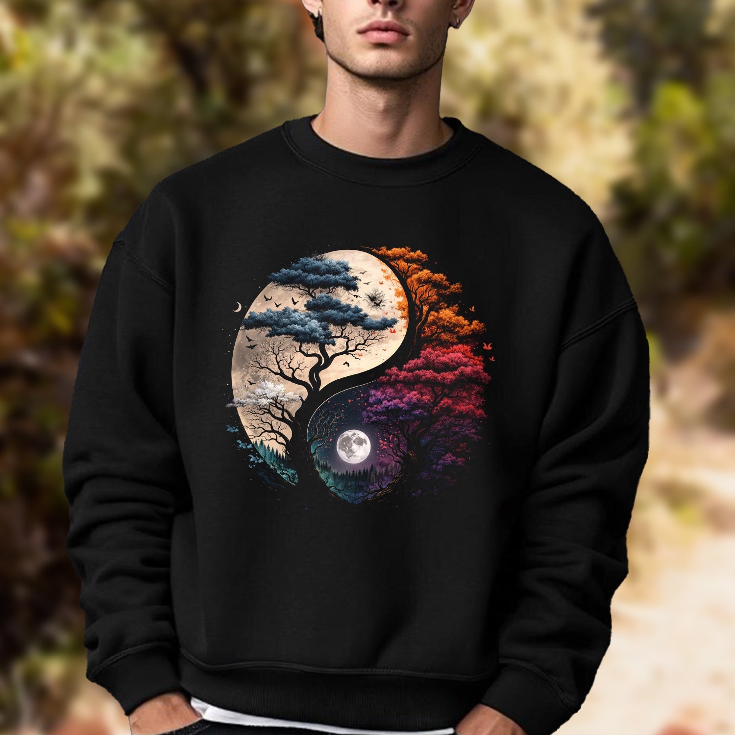 Yin Yang Tree of Life T-Shirt – Colorful Moon Nature Graphic Tee, Spiritual Balance Art Shirt