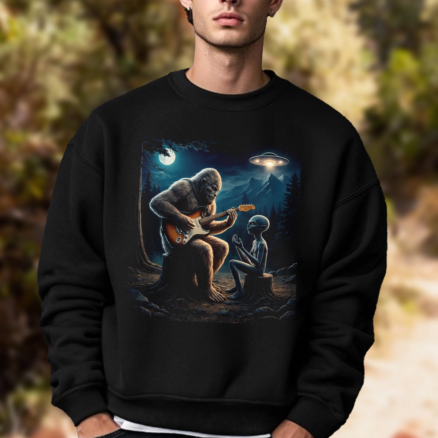 Bigfoot Playing Guitar with Alien T-Shirt – Funny UFO Sasquatch Music Graphic Tee, Sci-Fi Fantasy Humor Shirt