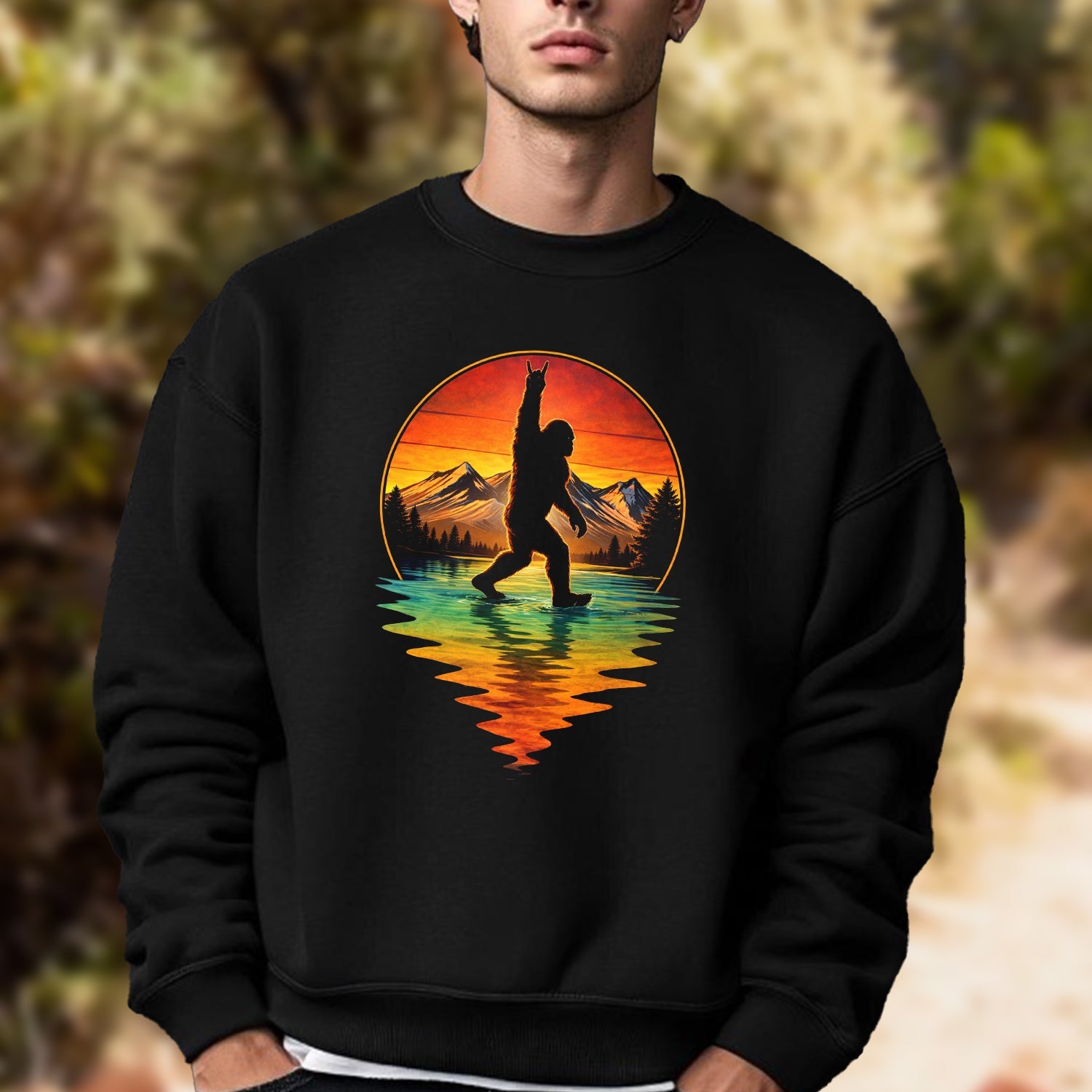 Bigfoot Sunset Lake T-Shirt, Sasquatch Mountain Reflection Graphic Tee, Funny Wilderness Outdoor Adventure Shirt