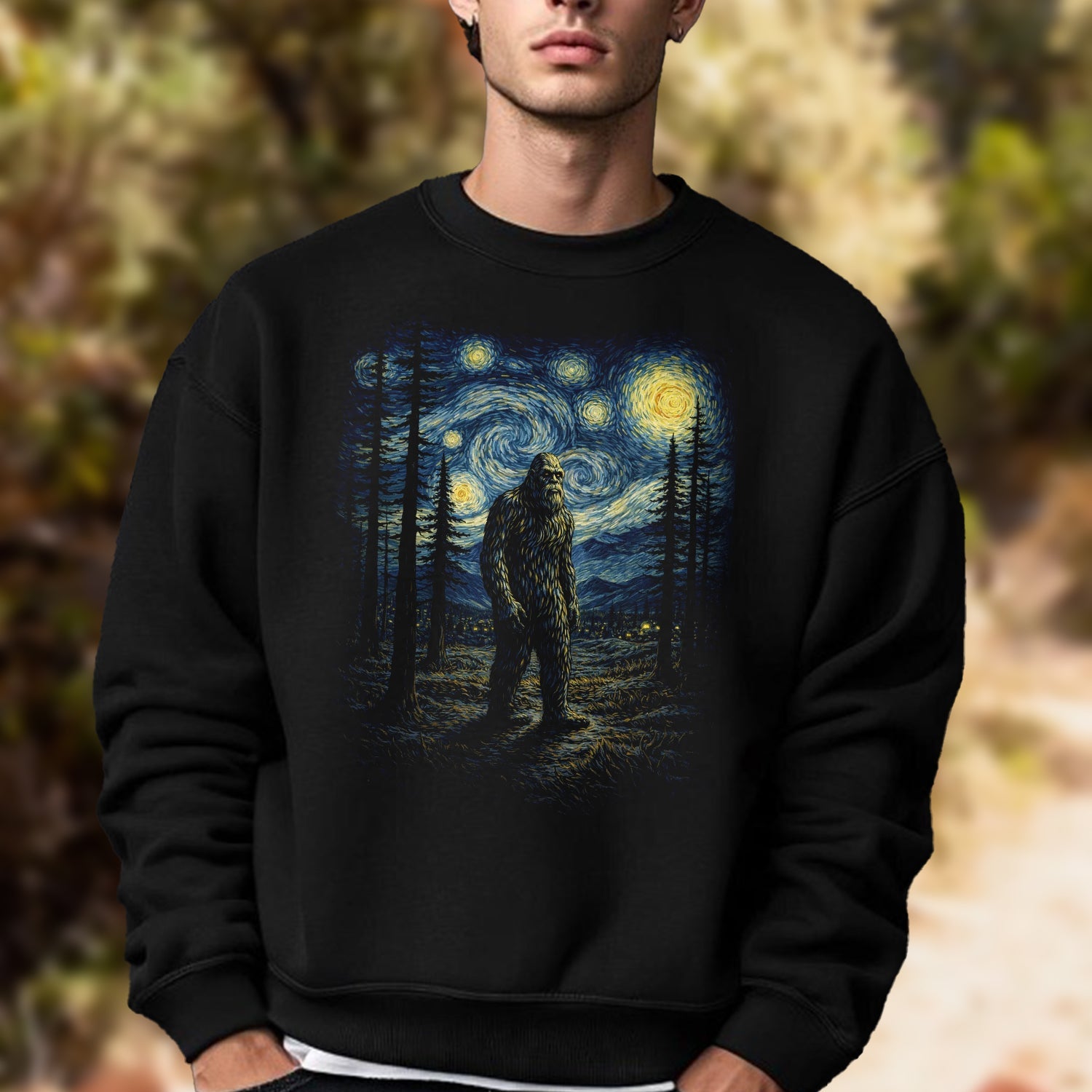 Starry Night Bigfoot T-Shirt – Van Gogh Style Sasquatch Art Graphic Tee, Artistic Cryptid Night Sky Shirt
