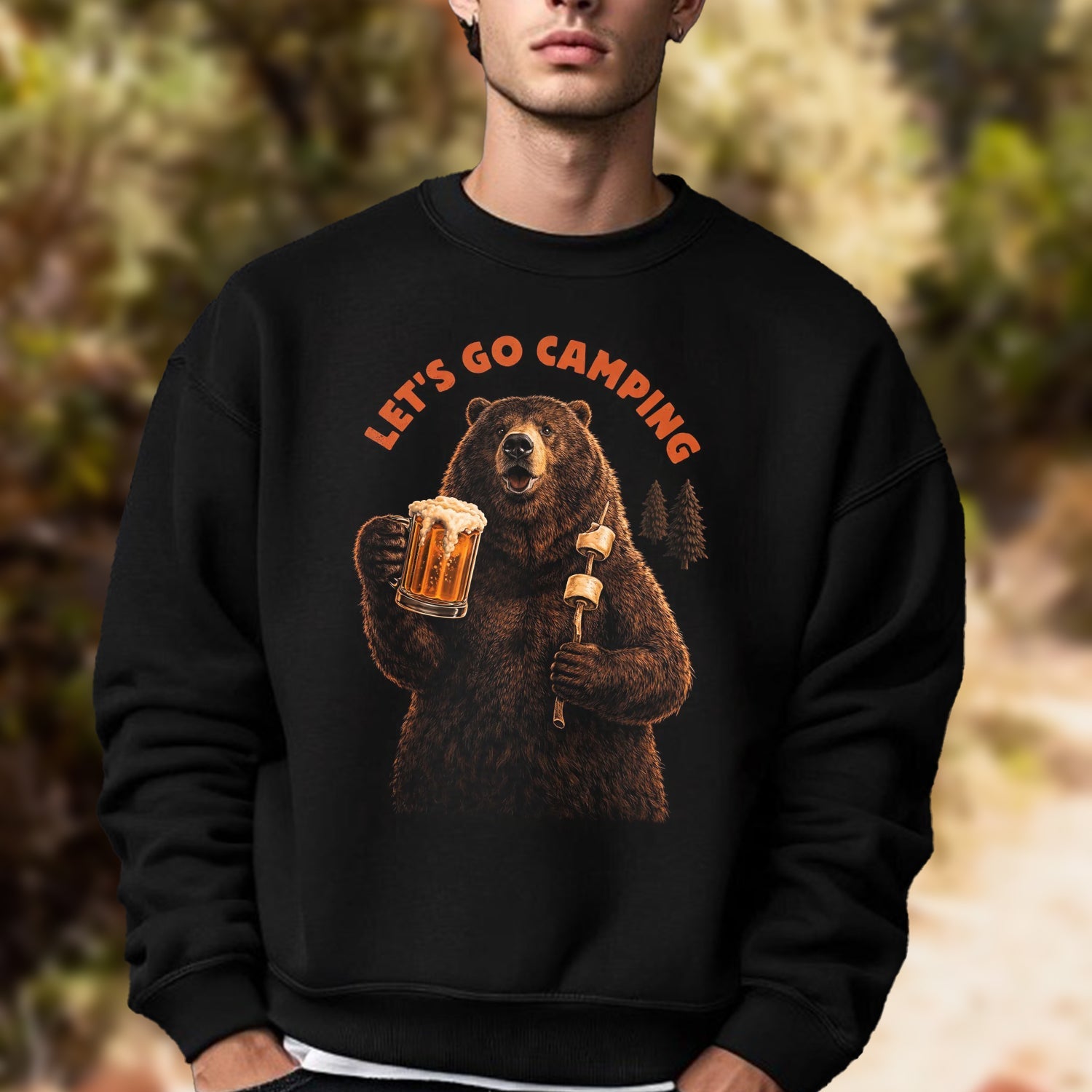 Let’s Go Camping Bear Beer T-Shirt, Funny Camping Bear Marshmallow Graphic Tee, Outdoor Campfire Adventure Shirt