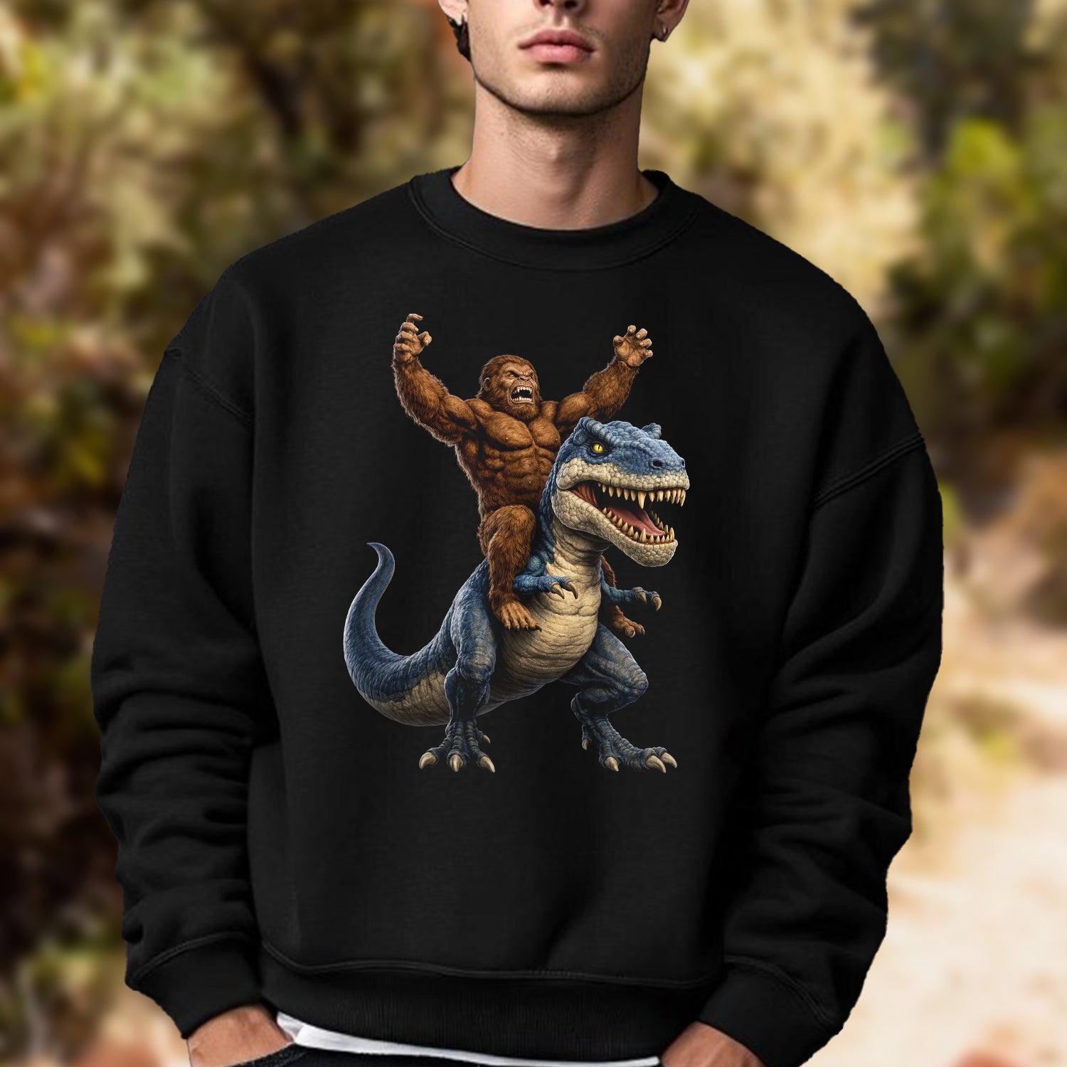 Bigfoot Riding Dinosaur T-Shirt – Funny Sasquatch on T-Rex Graphic Tee, Epic Fantasy Humor Shirt for Adventure & Meme Lovers