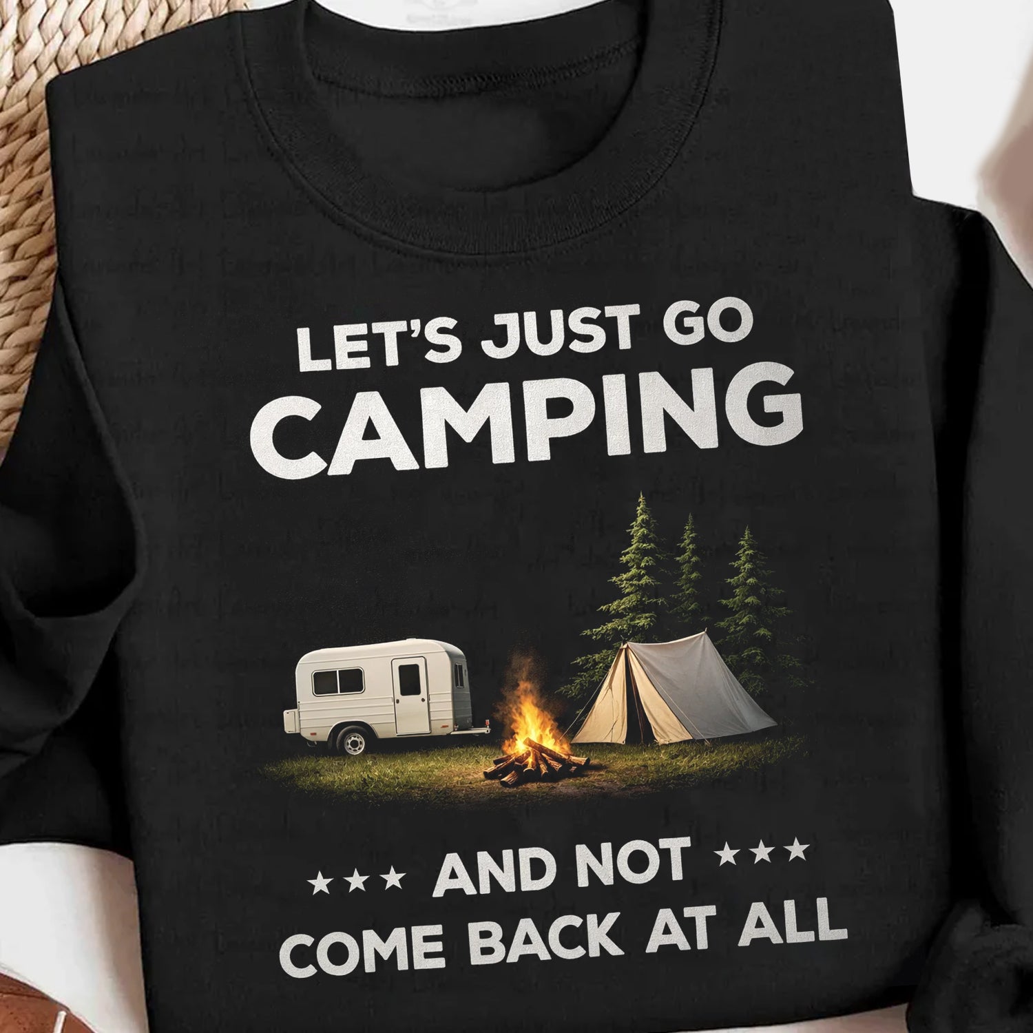 Let’s Just Go Camping T-Shirt – Funny RV Tent Campfire Graphic Shirt for Campers, Outdoor Escape & Adventure Lovers