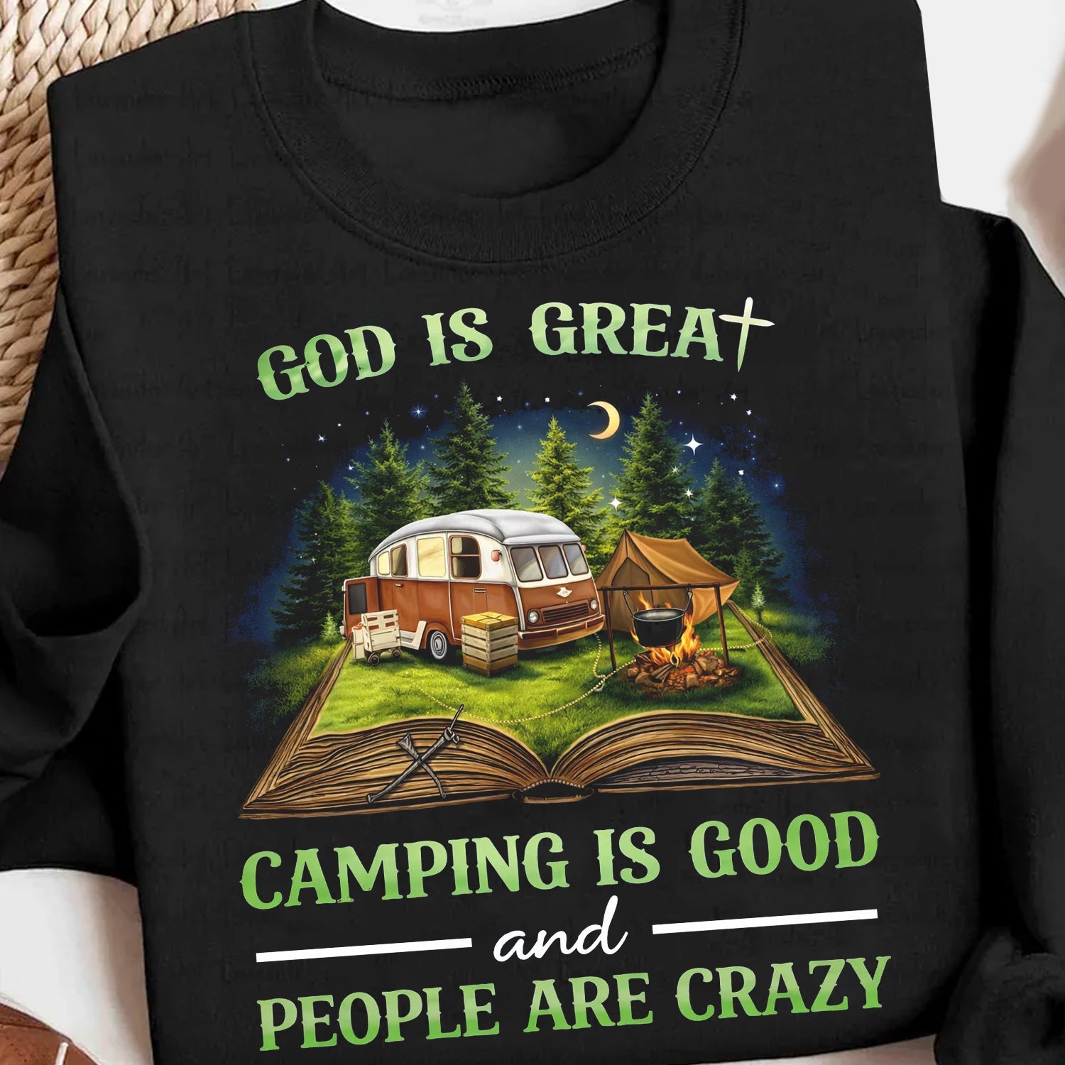 Christian Camping Quote T-Shirt – Faith-Inspired Outdoor Graphic Tee, Vintage Camper & Forest Night Design, Funny Nature Lover Apparel