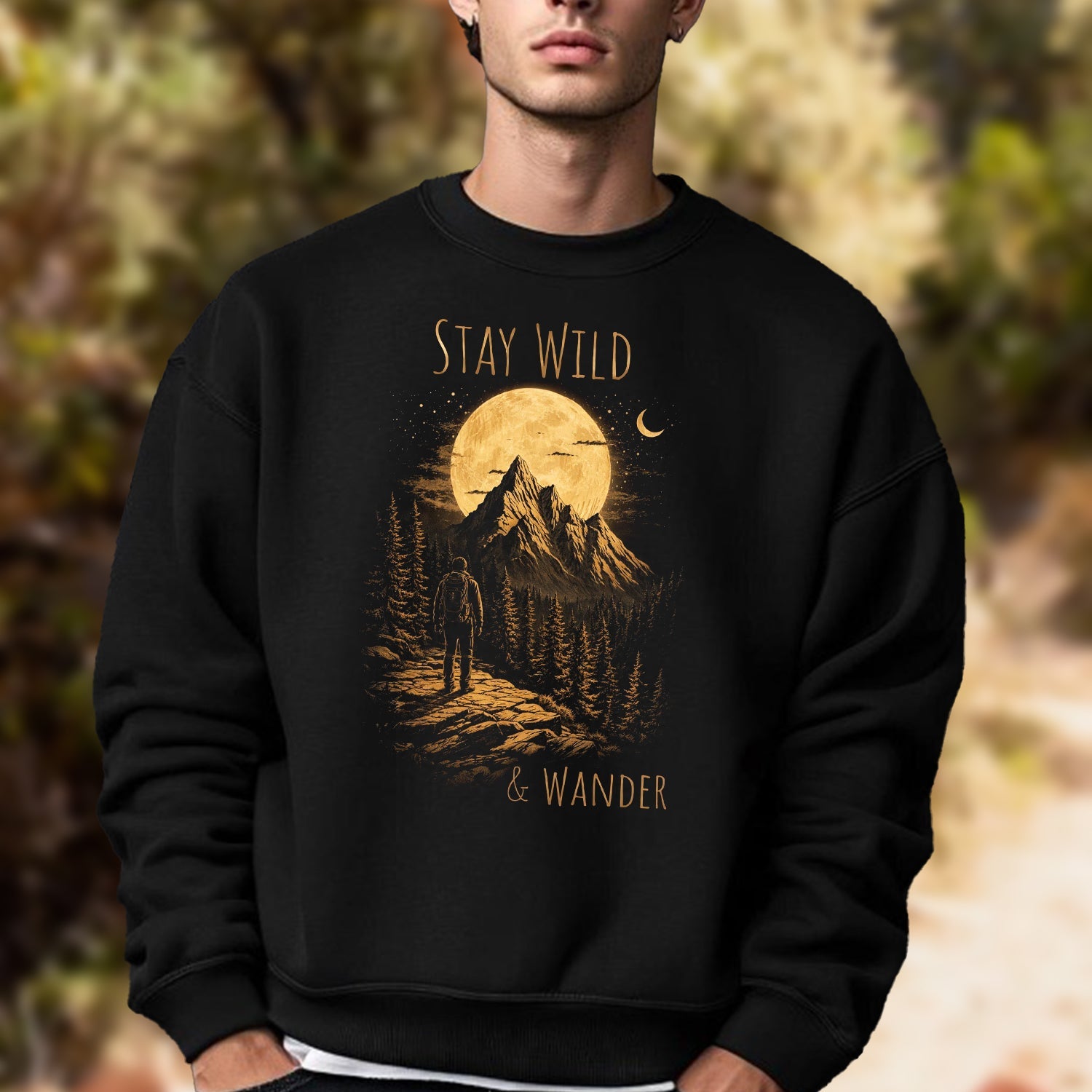 Stay Wild And Wander T-Shirt, Moon Mountain Hiking Graphic Tee, Minimalist Outdoor Adventure Nature Shirt