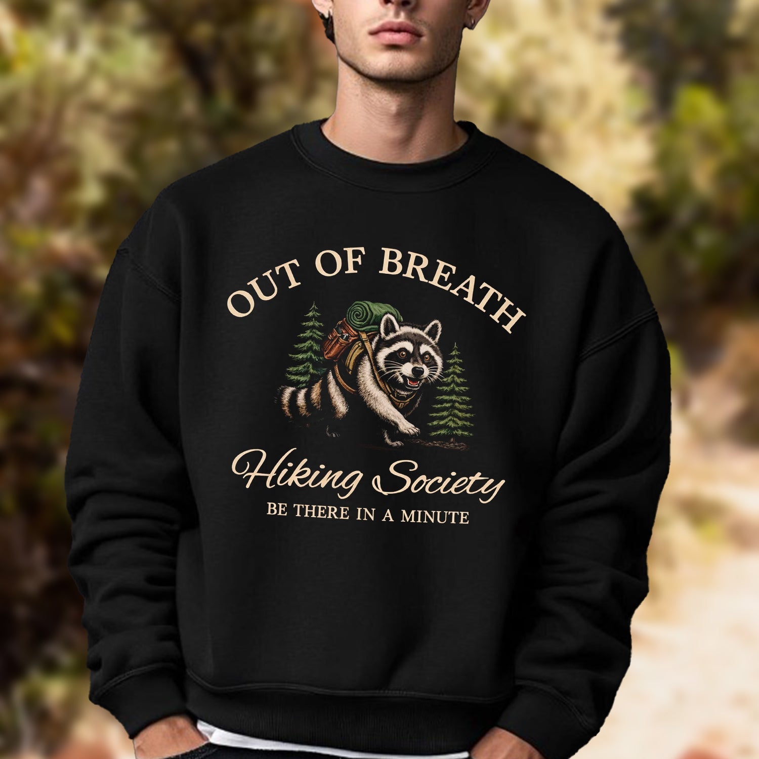 Out of Breath Hiking Society T-Shirt – Funny Raccoon Backpacker Graphic Tee, Hiking Humor Outdoor Adventure Shirt
