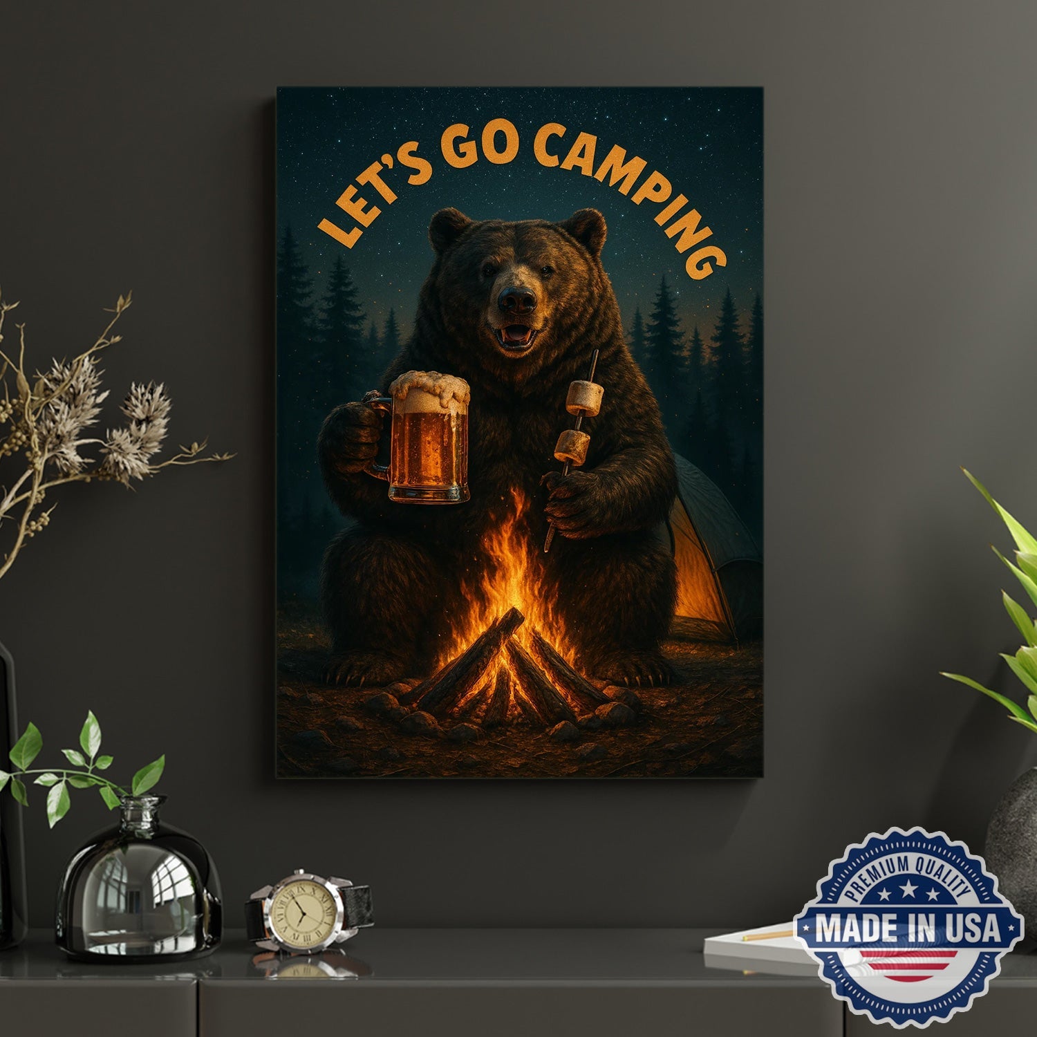 Let’s Go Camping Bear Canvas Wall Art – Funny Wildlife Campfire Illustration with Forest Night Scene, Rustic Outdoor Adventure Home Decor