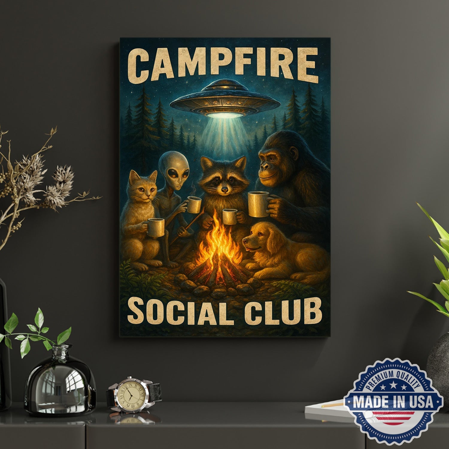 Campfire Social Club Canvas Wall Art – Whimsical Night Camping Illustration with Forest Friends & UFO, Funny Outdoor Adventure Home Decor