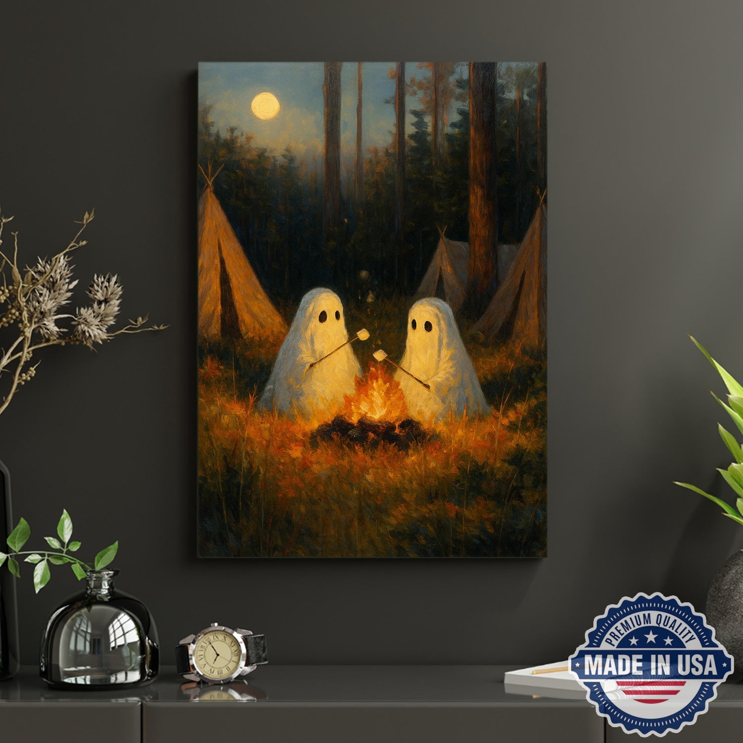 Ghost Camping Canvas Wall Art – Cute Campfire Night Illustration with Friendly Spirits, Whimsical Forest Adventure Home Decor