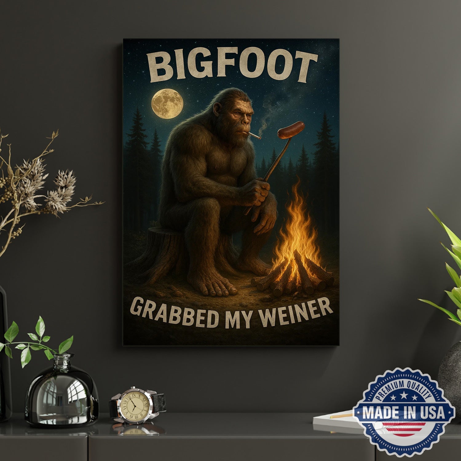 Funny Bigfoot Campfire Canvas Wall Art – Humorous Sasquatch Night Camping Illustration, Rustic Forest Cabin Humor Decor