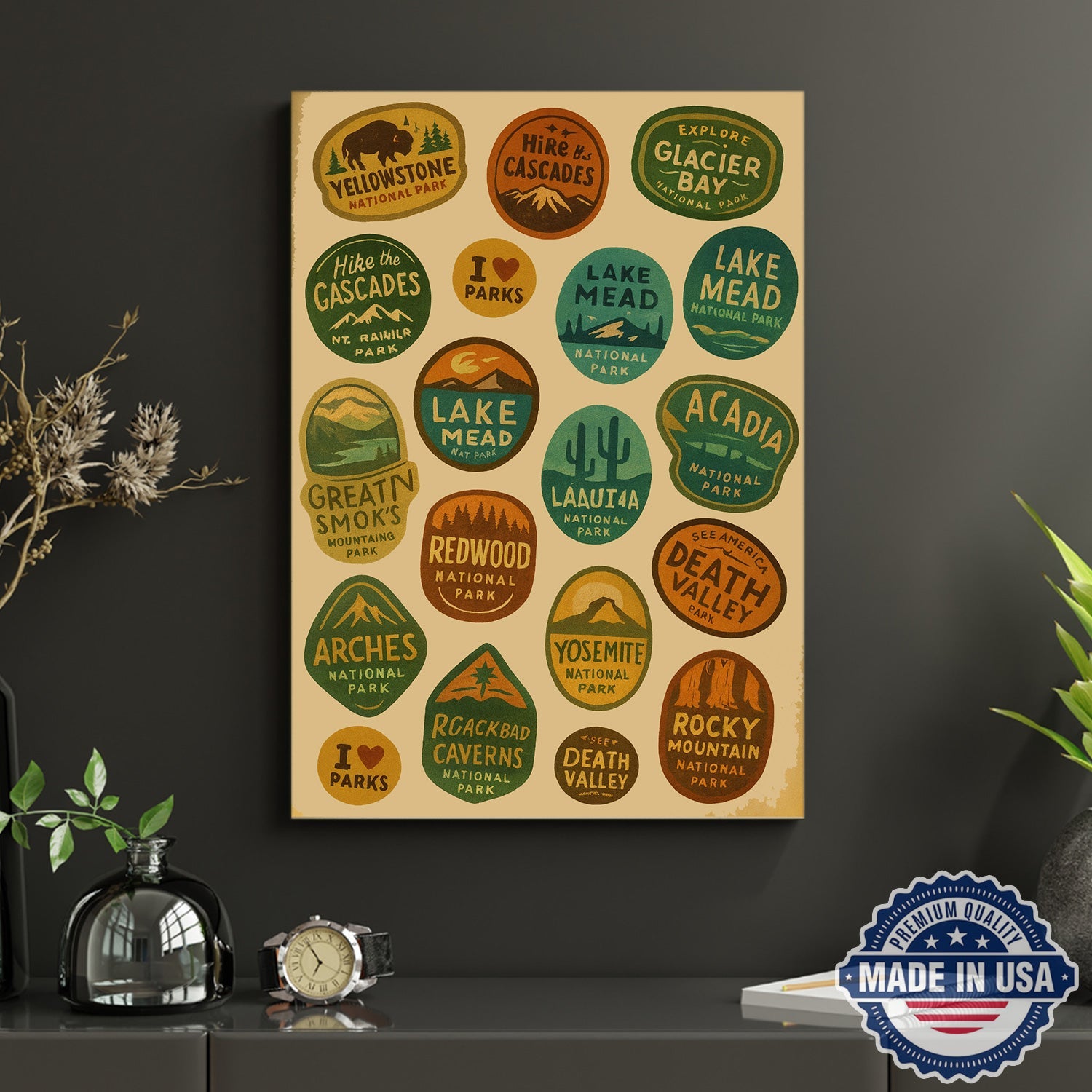 US National Parks Vintage Poster – Retro Travel Badges Wall Art Canvas, Gift for Campers