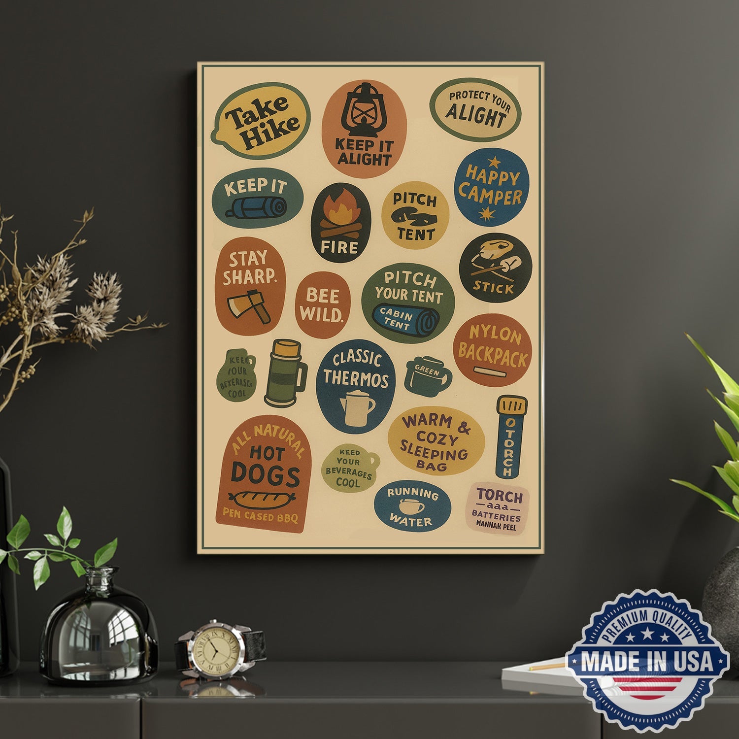 Retro Camping Rules Canvas Wall Art – Vintage Outdoor Icons Wall Art Canvas, Gift for Campers