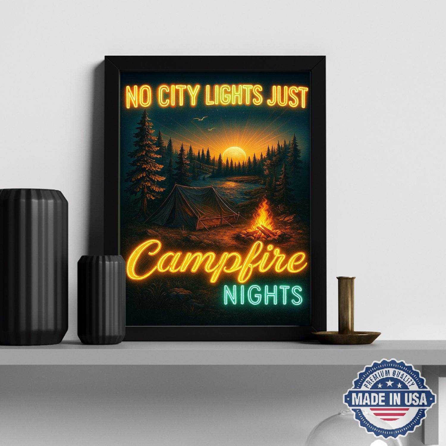 No City Lights Just Campfire Nights Canvas Wall Art – Neon Camping Quote with Forest Lake Sunset, Cozy Outdoor Adventure Home Decor