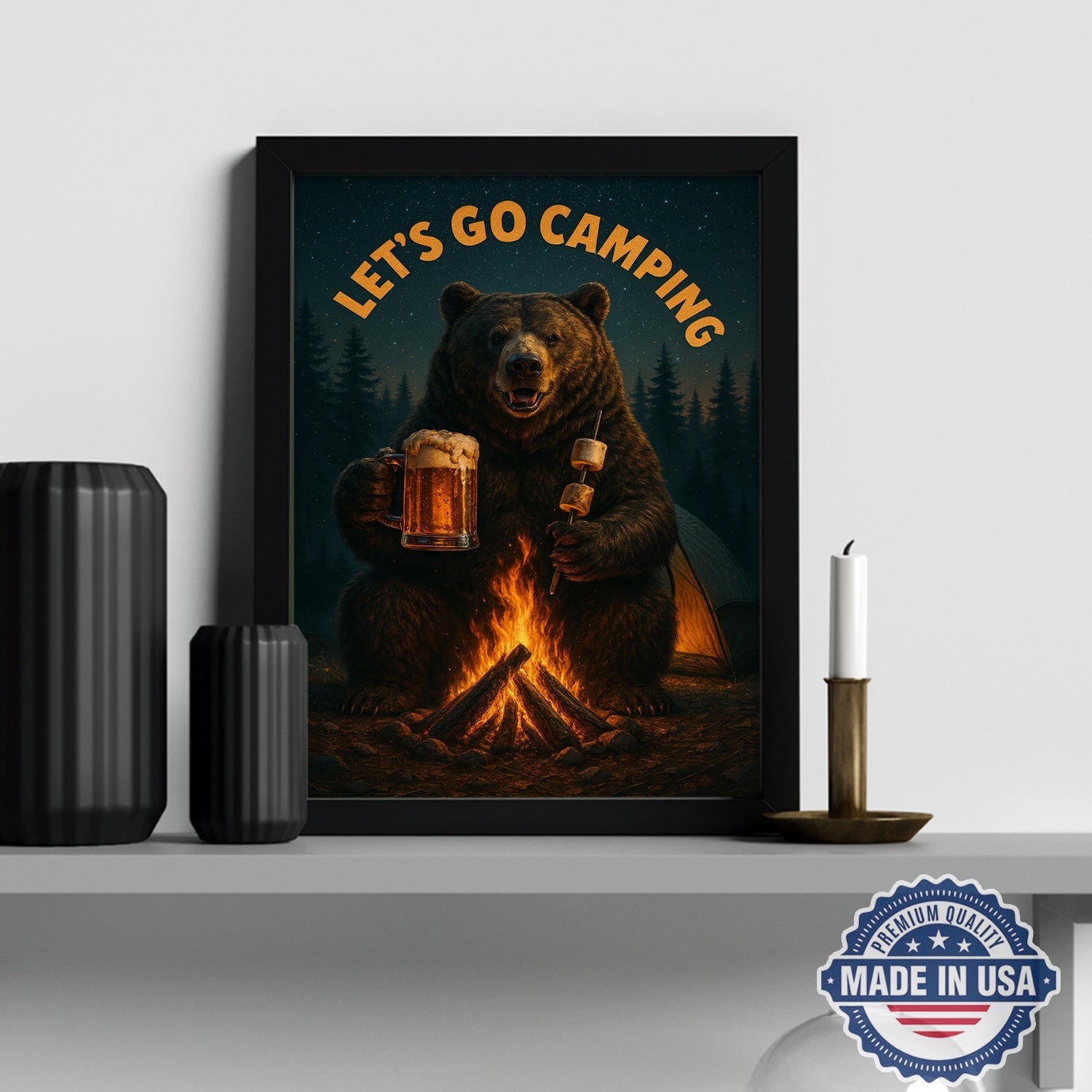 Let’s Go Camping Bear Canvas Wall Art – Funny Wildlife Campfire Illustration with Forest Night Scene, Rustic Outdoor Adventure Home Decor