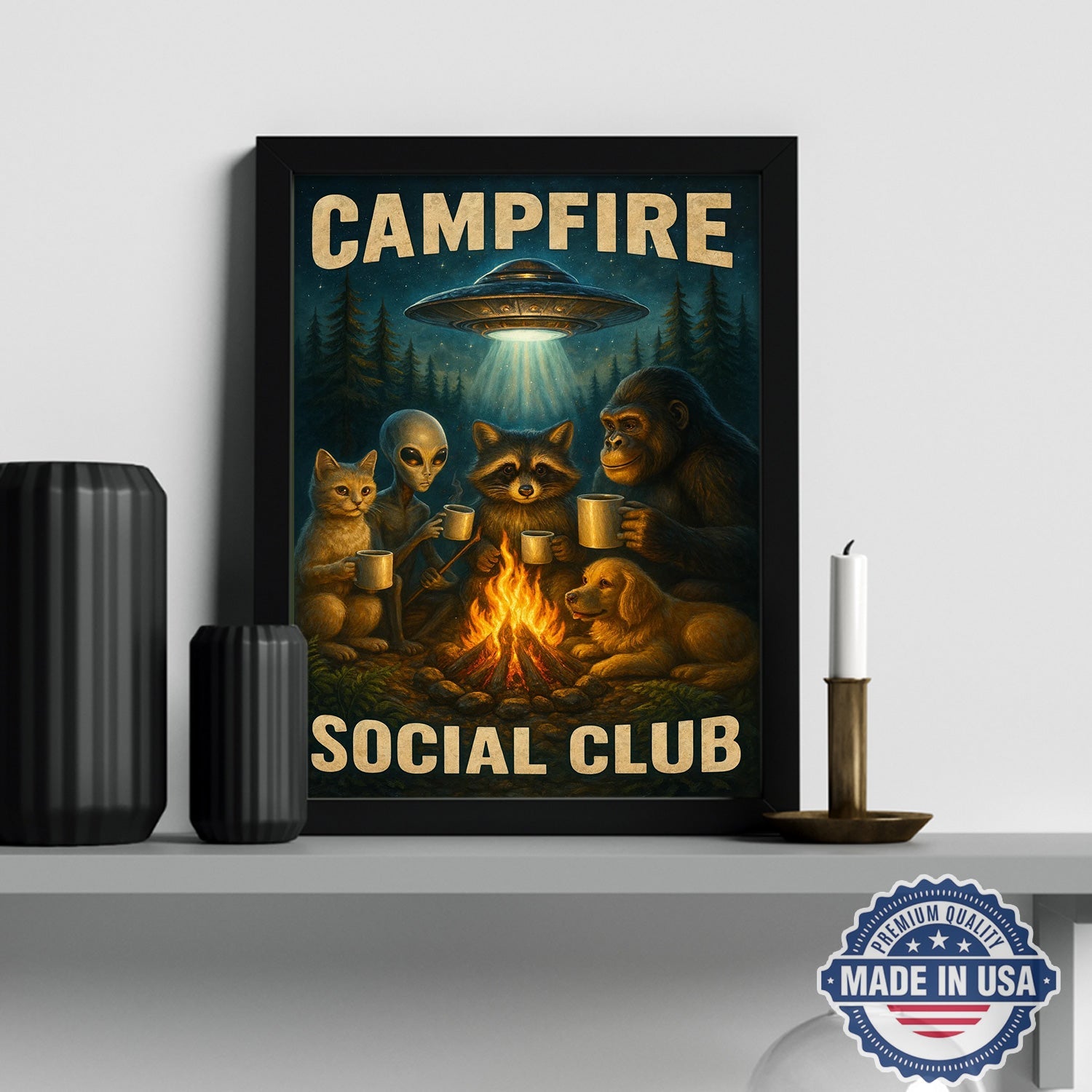 Campfire Social Club Canvas Wall Art – Whimsical Night Camping Illustration with Forest Friends & UFO, Funny Outdoor Adventure Home Decor