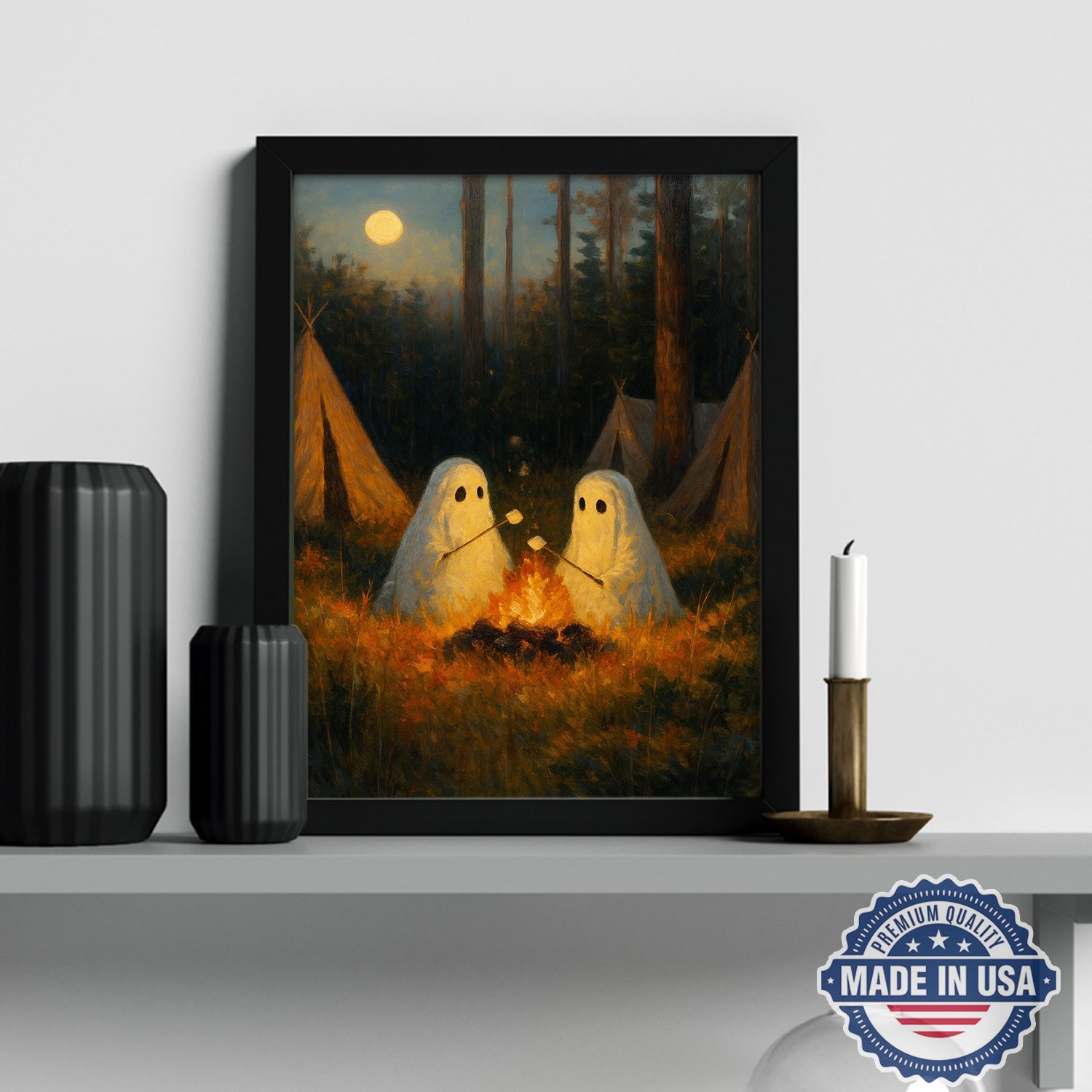 Ghost Camping Canvas Wall Art – Cute Campfire Night Illustration with Friendly Spirits, Whimsical Forest Adventure Home Decor