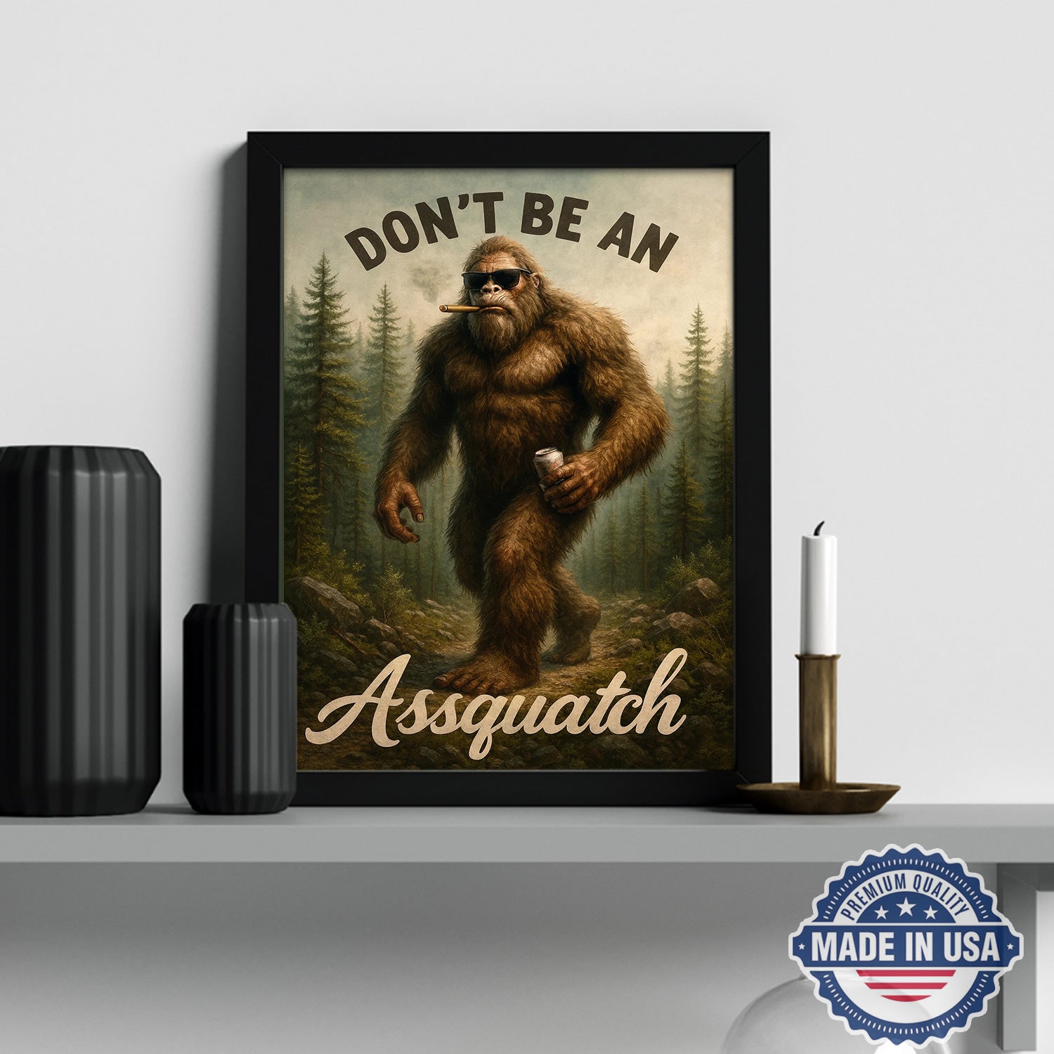 Don’t Be an Assquatch Canvas Wall Art – Funny Sasquatch Forest Illustration, Rustic Cabin Humor Wilderness Home Decor
