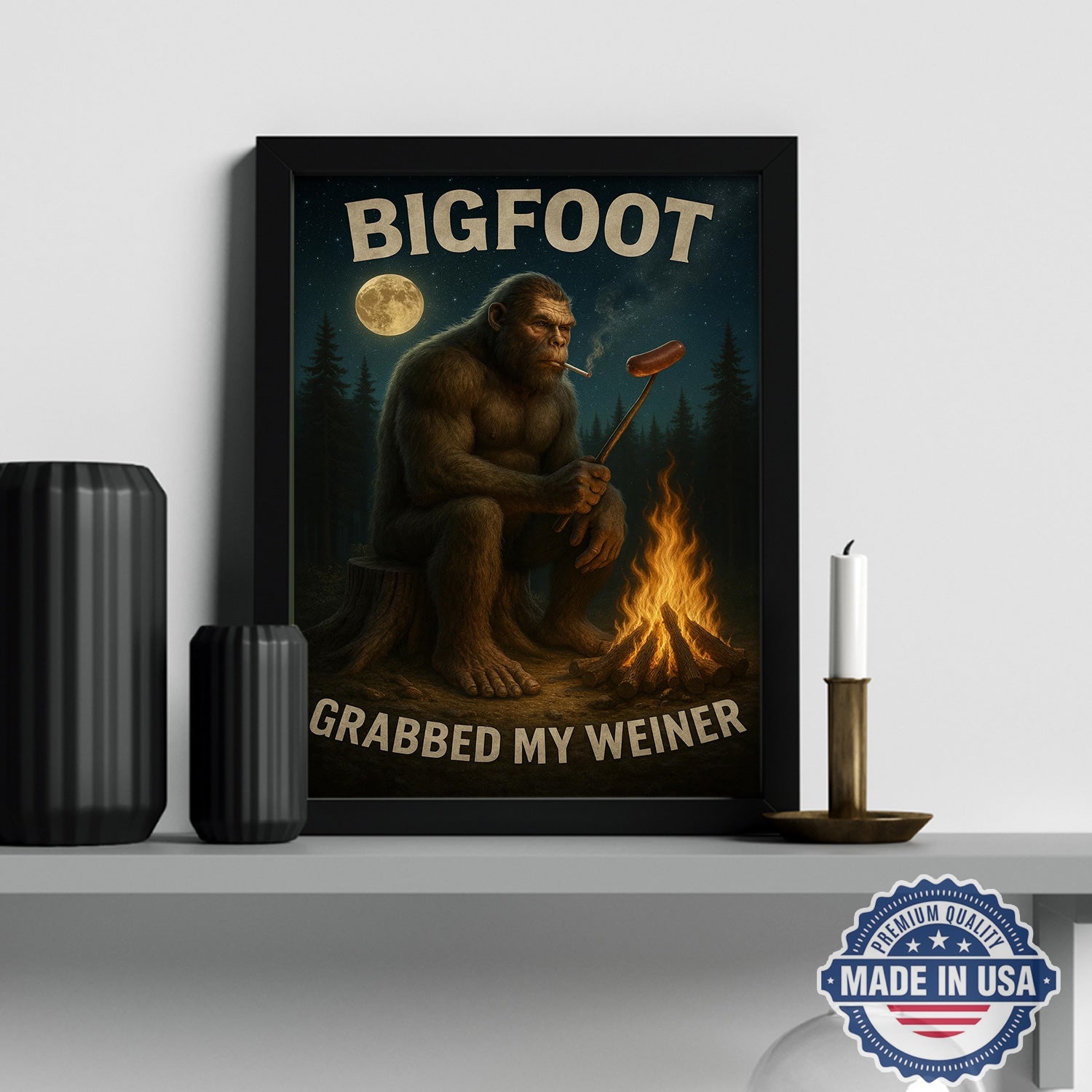 Funny Bigfoot Campfire Canvas Wall Art – Humorous Sasquatch Night Camping Illustration, Rustic Forest Cabin Humor Decor