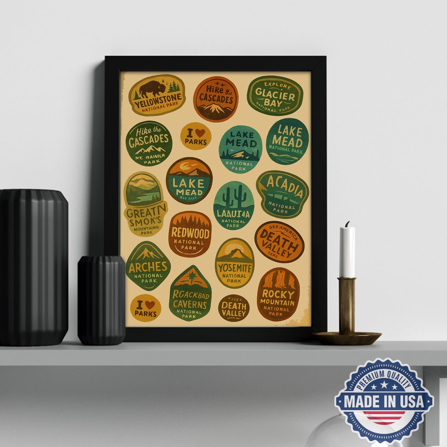 US National Parks Vintage Poster – Retro Travel Badges Wall Art Canvas, Gift for Campers