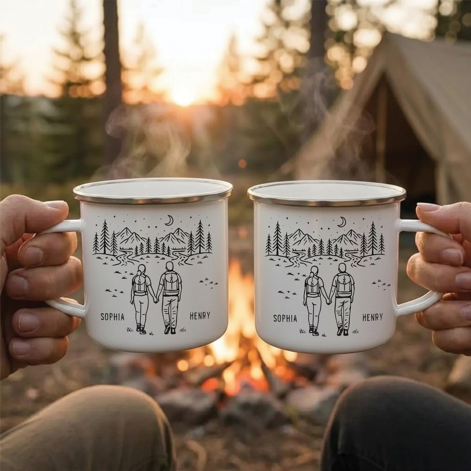 Personalized Couple Camping Mug – Custom Name Coffee Mug, Romantic Hiking Gift for Couples