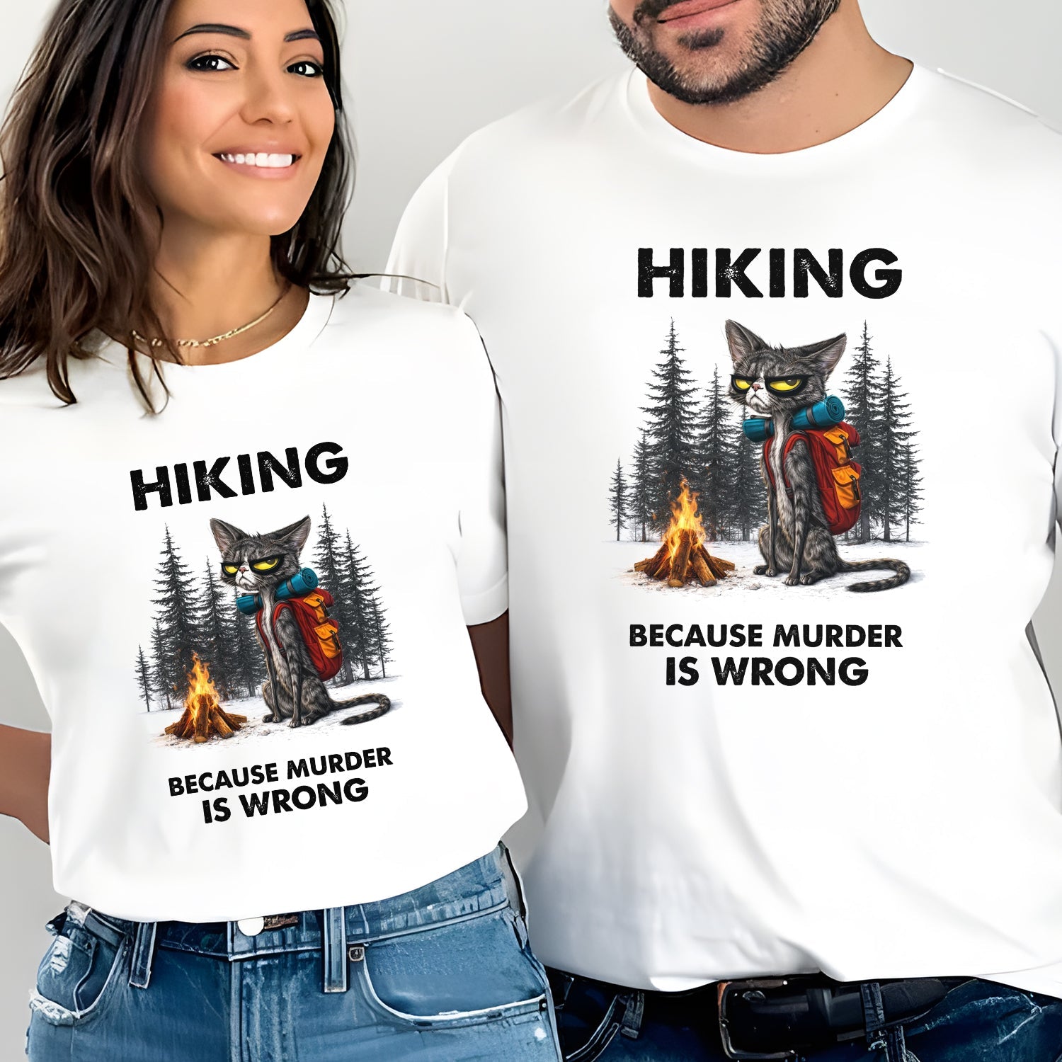 Hiking Because Murder Is Wrong Cat T-Shirt, Funny Grumpy Cat Backpack Camping Graphic Tee, Dark Humor Outdoor Hiking Shirt