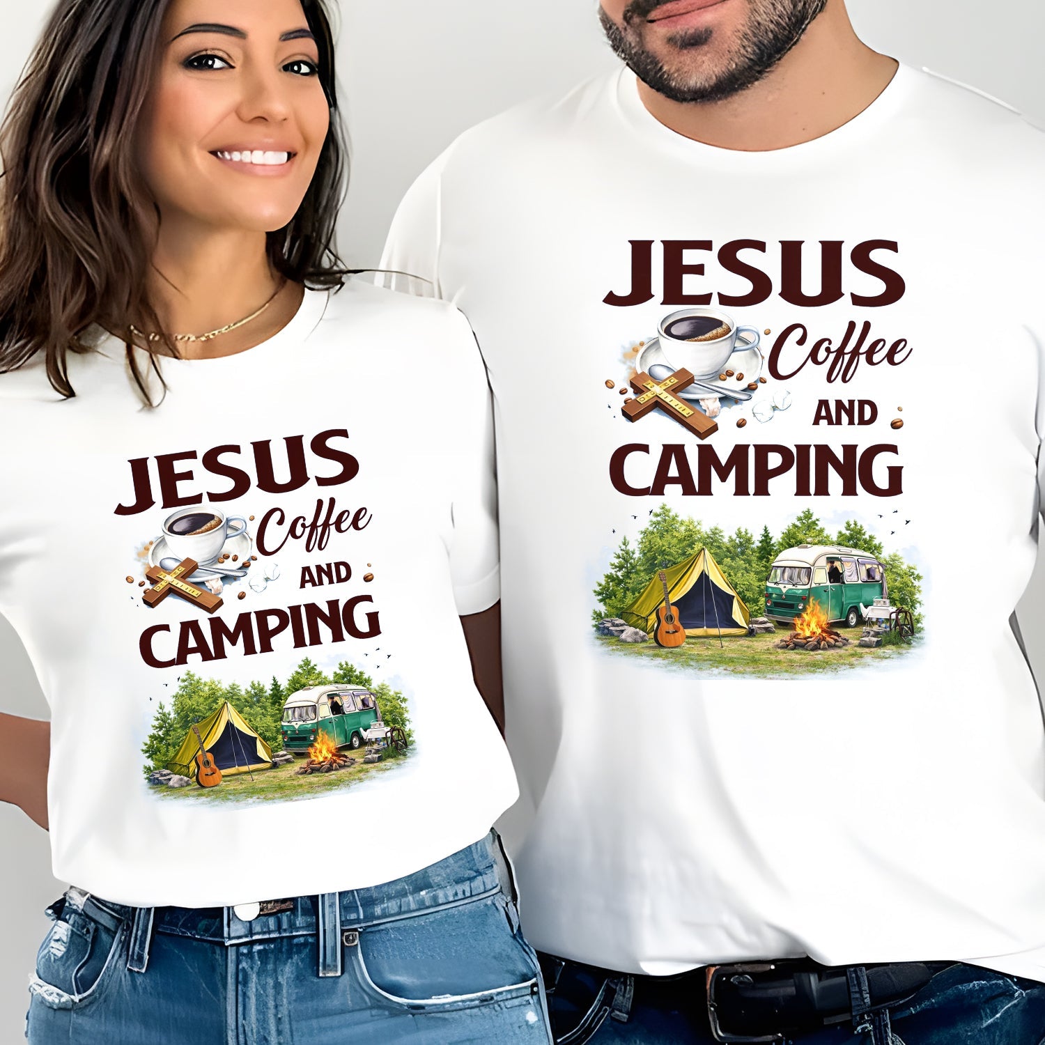 Jesus Coffee Camping T-Shirt – Christian Outdoor Graphic Tee, Faith-Inspired Camping & Coffee Lover Shirt, Nature Adventure Lifestyle Apparel