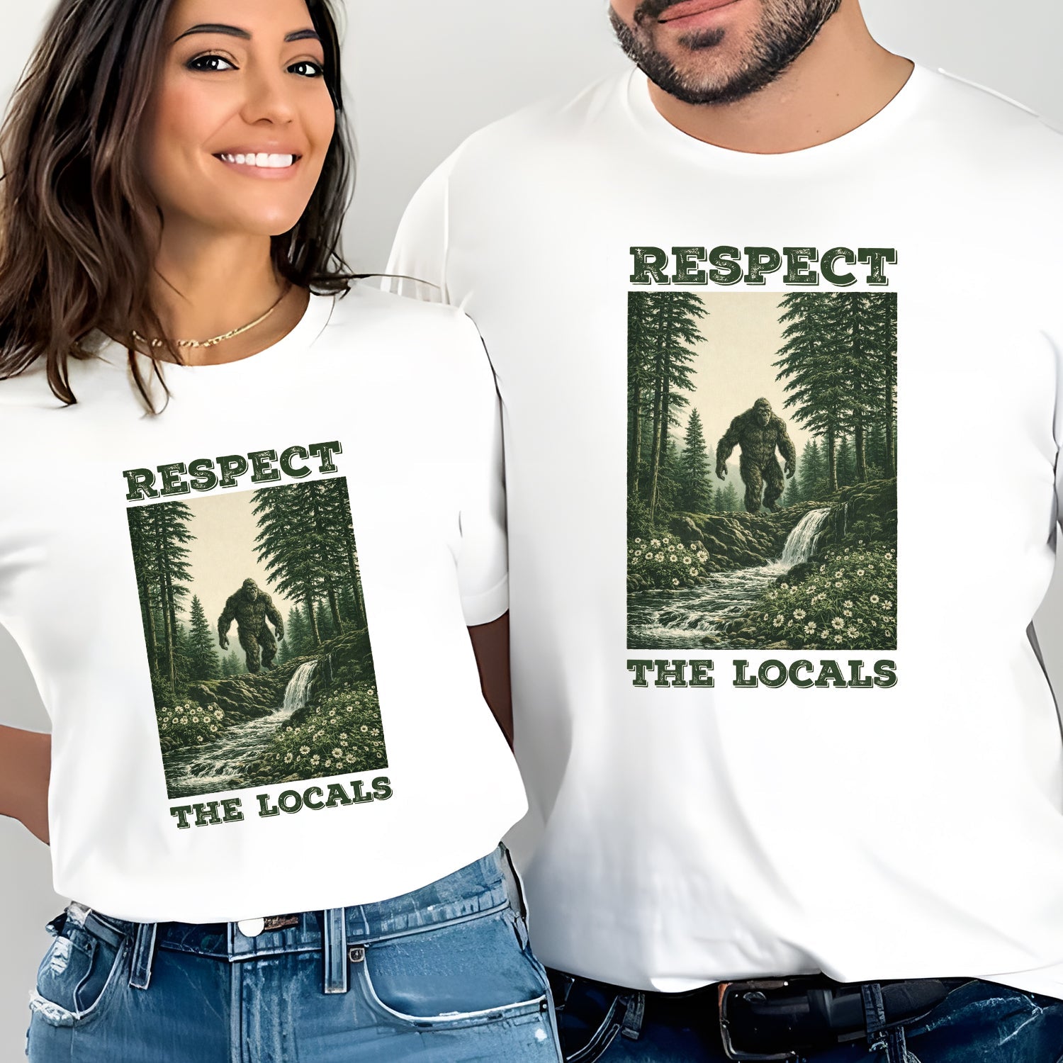 Respect The Locals Bigfoot T-Shirt, Sasquatch Forest Waterfall Graphic Tee, Funny Wilderness Outdoor Nature Shirt