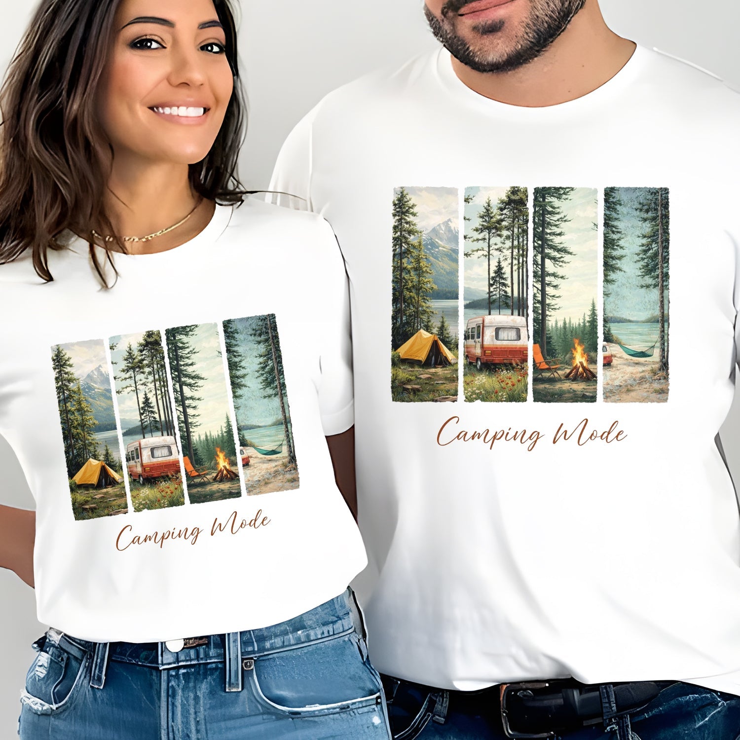 Camping Mode T-Shirt – Scenic Forest & Campfire Panel Graphic Tee, Outdoor Adventure Camping Shirt, Nature Lover Travel Apparel