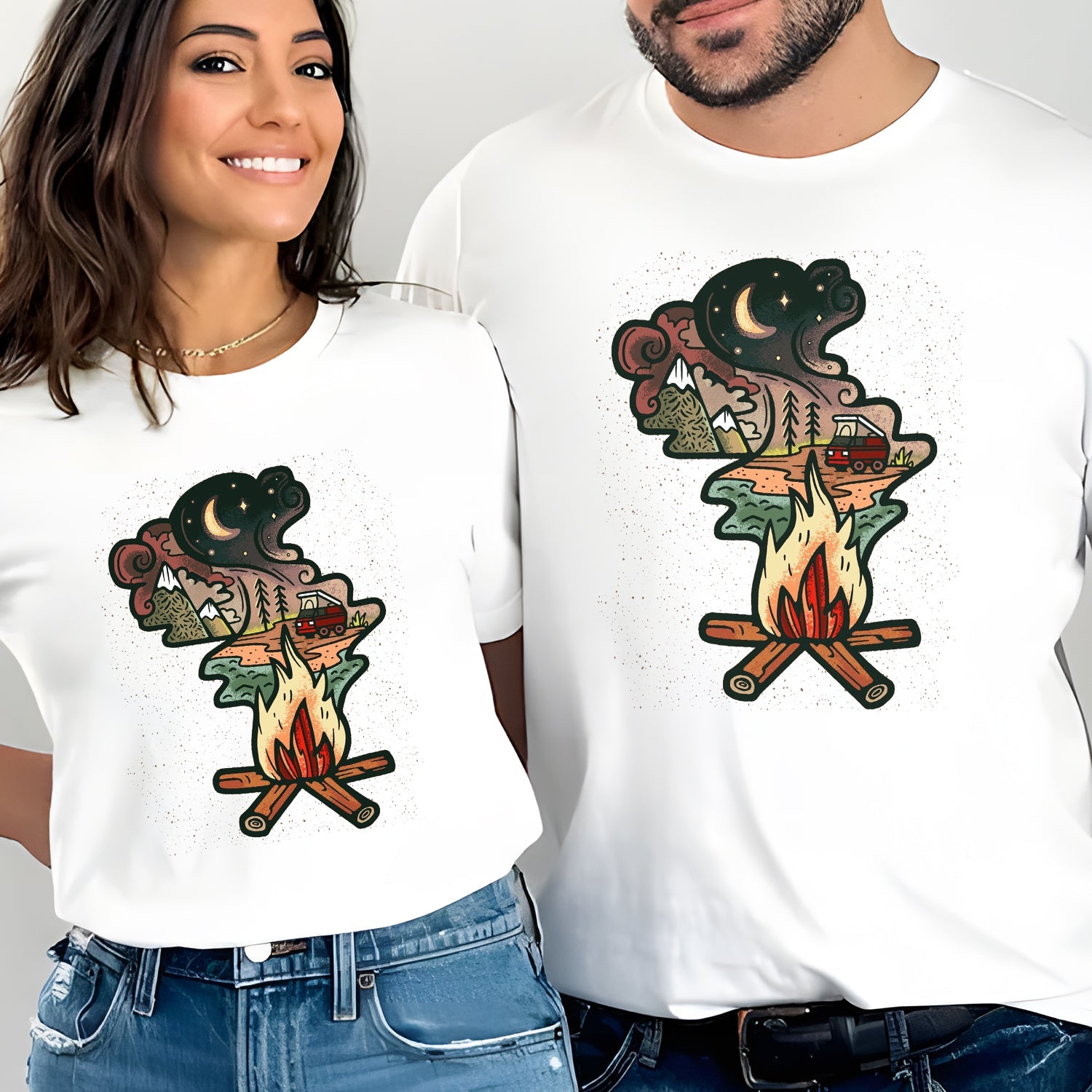 Campfire Night Adventure T-Shirt – Vintage Camping Van Mountain Campfire Graphic Tee