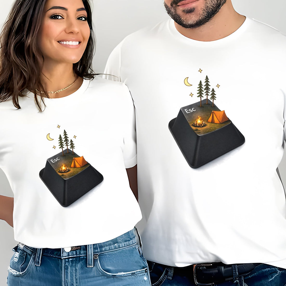 Esc Key Camping T-Shirt, Escape To Nature Campfire Tent Graphic Tee, Funny Minimalist Outdoor Adventure Shirt