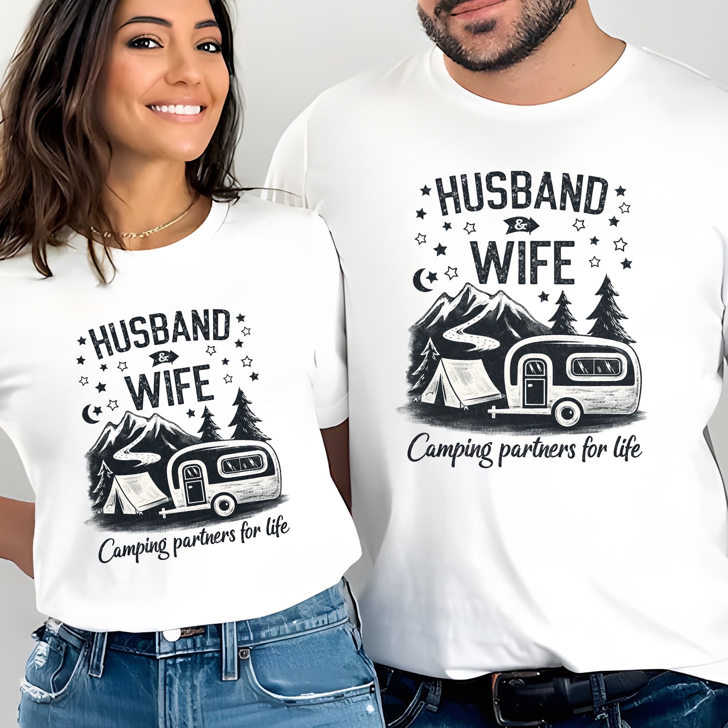 Husband & Wife Camping T-Shirt – Camping Partners for Life, Outdoor Couple Gift for Camp Lovers