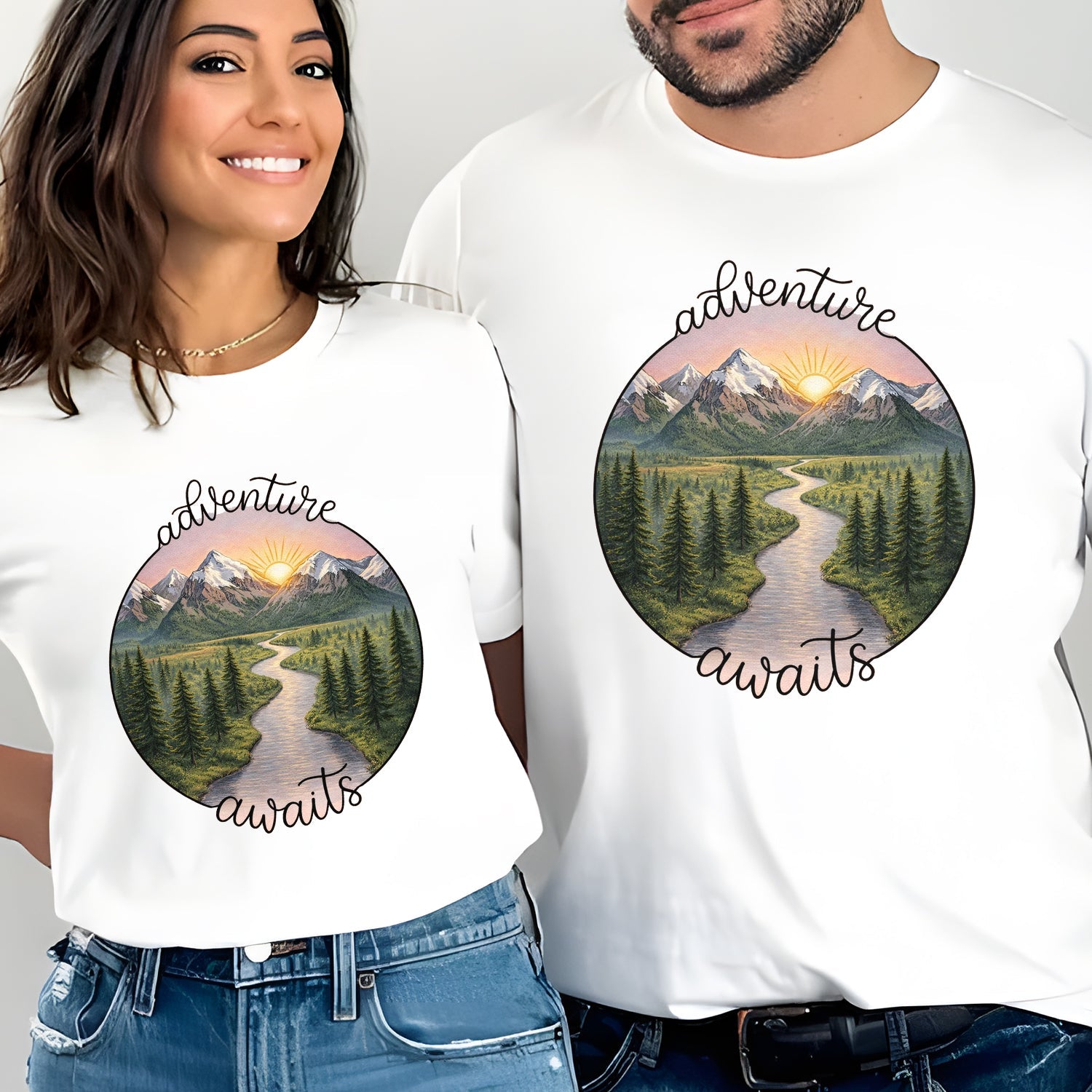Adventure Awaits Mountain River T-Shirt, Scenic Nature Landscape Graphic Tee, Outdoor Hiking Travel Shirt