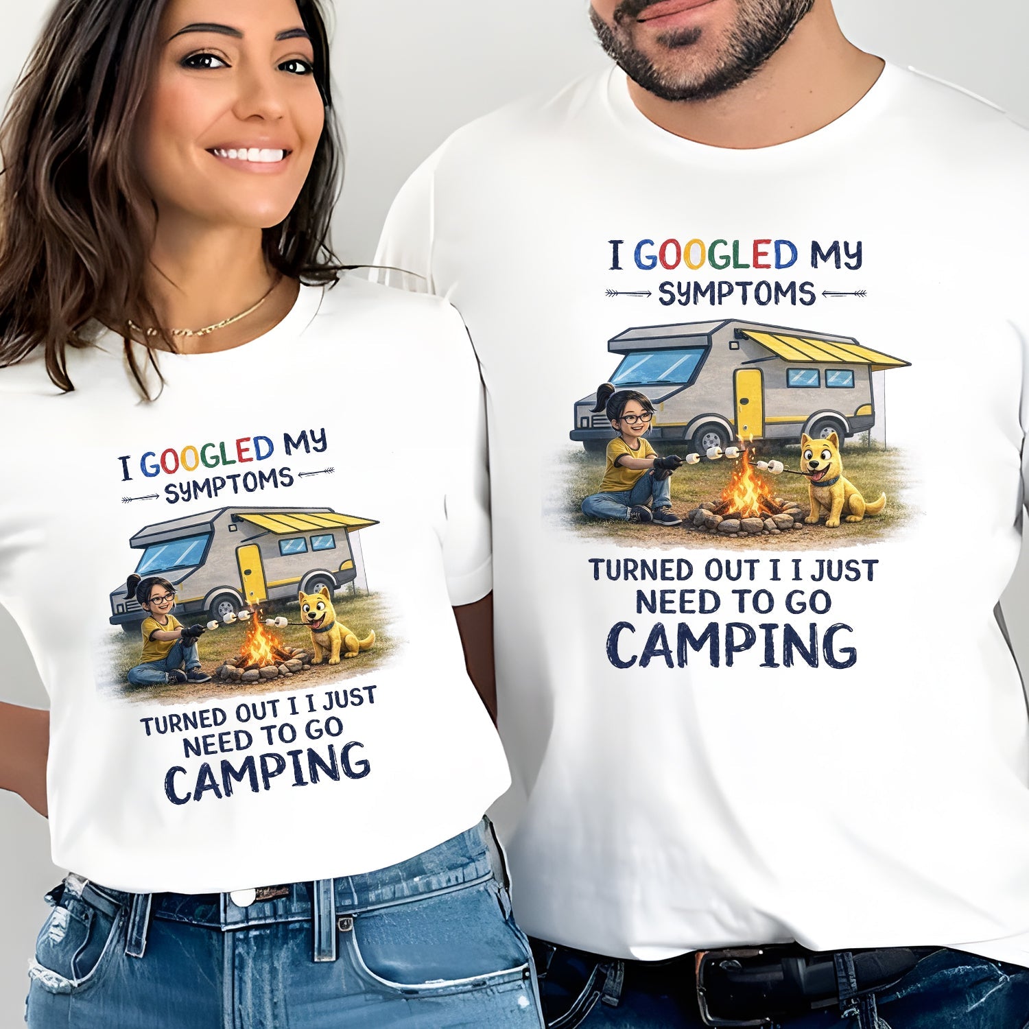 Funny Camping Quote T-Shirt – I Googled My Symptoms Graphic Tee, Cute Camper Van & Campfire Design Shirt, Outdoor Adventure Humor Apparel