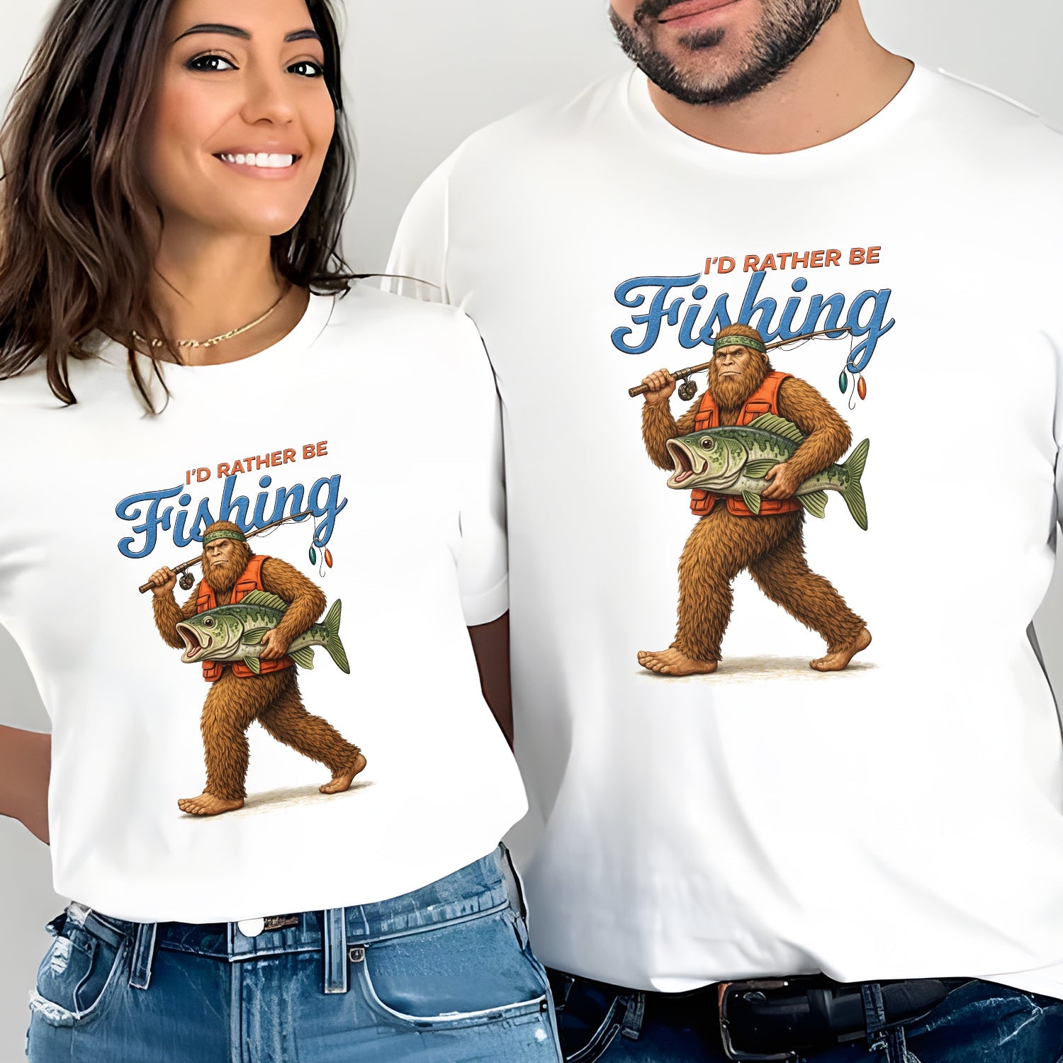 I’d Rather Be Fishing Bigfoot T-Shirt, Sasquatch Fisherman Graphic Tee, Funny Fishing Outdoor Nature Shirt
