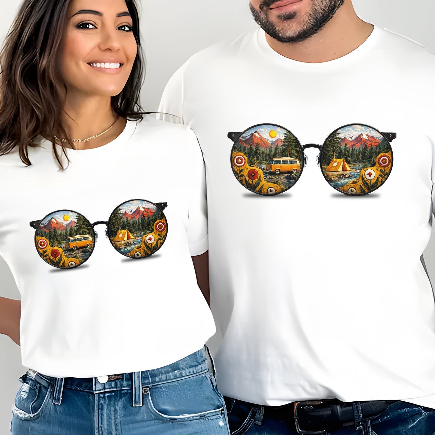 Camping Sunglasses Reflection T-Shirt – Vintage Van & Tent Mountain Scene Graphic Tee, Outdoor Adventure Nature Shirt, Camping & Travel Lover Apparel
