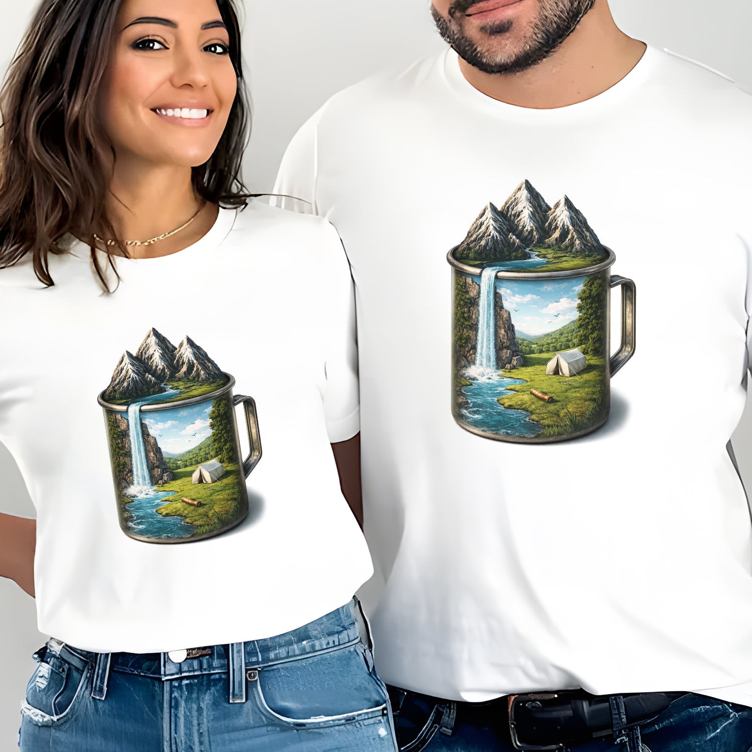 Camping Mug Landscape T-Shirt – Mountain Waterfall Coffee Cup Graphic Tee, Outdoor Adventure Nature Shirt, Camping & Hiking Lover Apparel