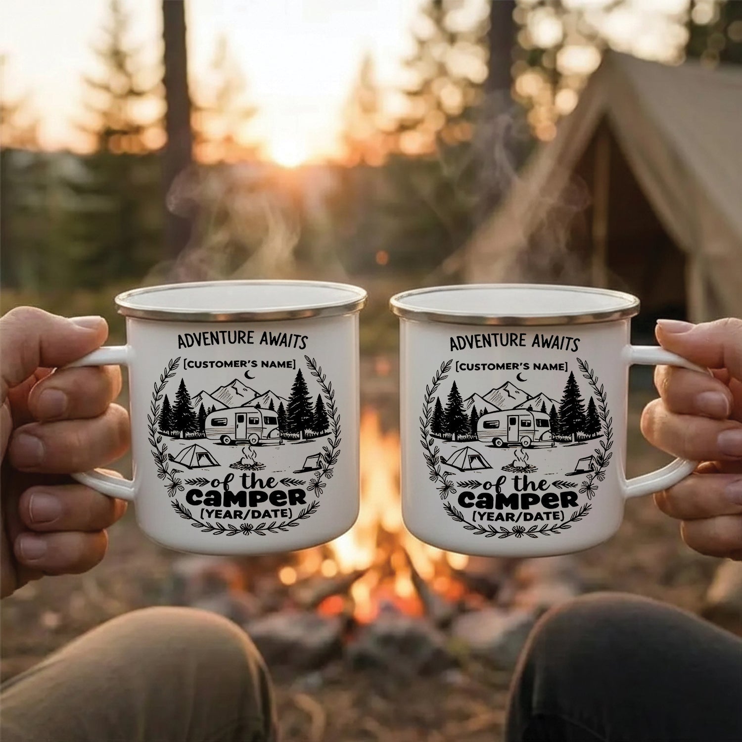 Personalized Camping Mug – Adventure Awaits Custom Name Coffee Cup, Camper Gift for Outdoor Lovers