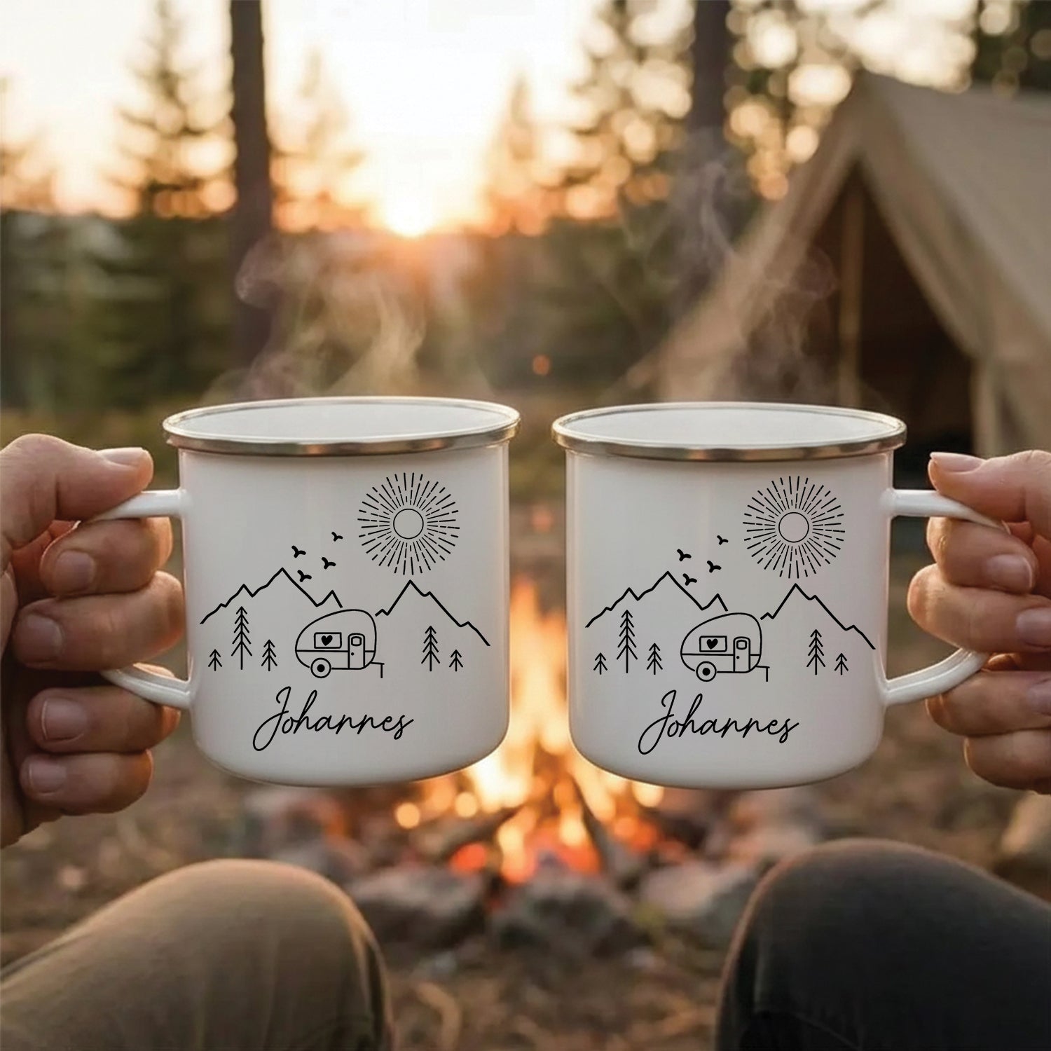 Personalized Camping Mug – Custom Name Enamel Camper Coffee Cup, Outdoor Gift for Camp Lovers