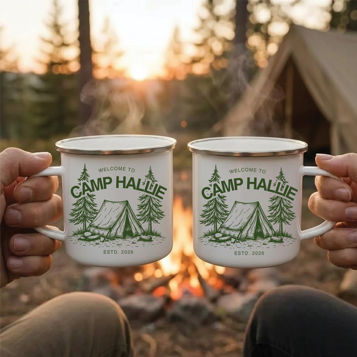 Personalized Camping Mug – Camp Name Custom Coffee Cup, Rustic Campfire Gift for Outdoor Lovers