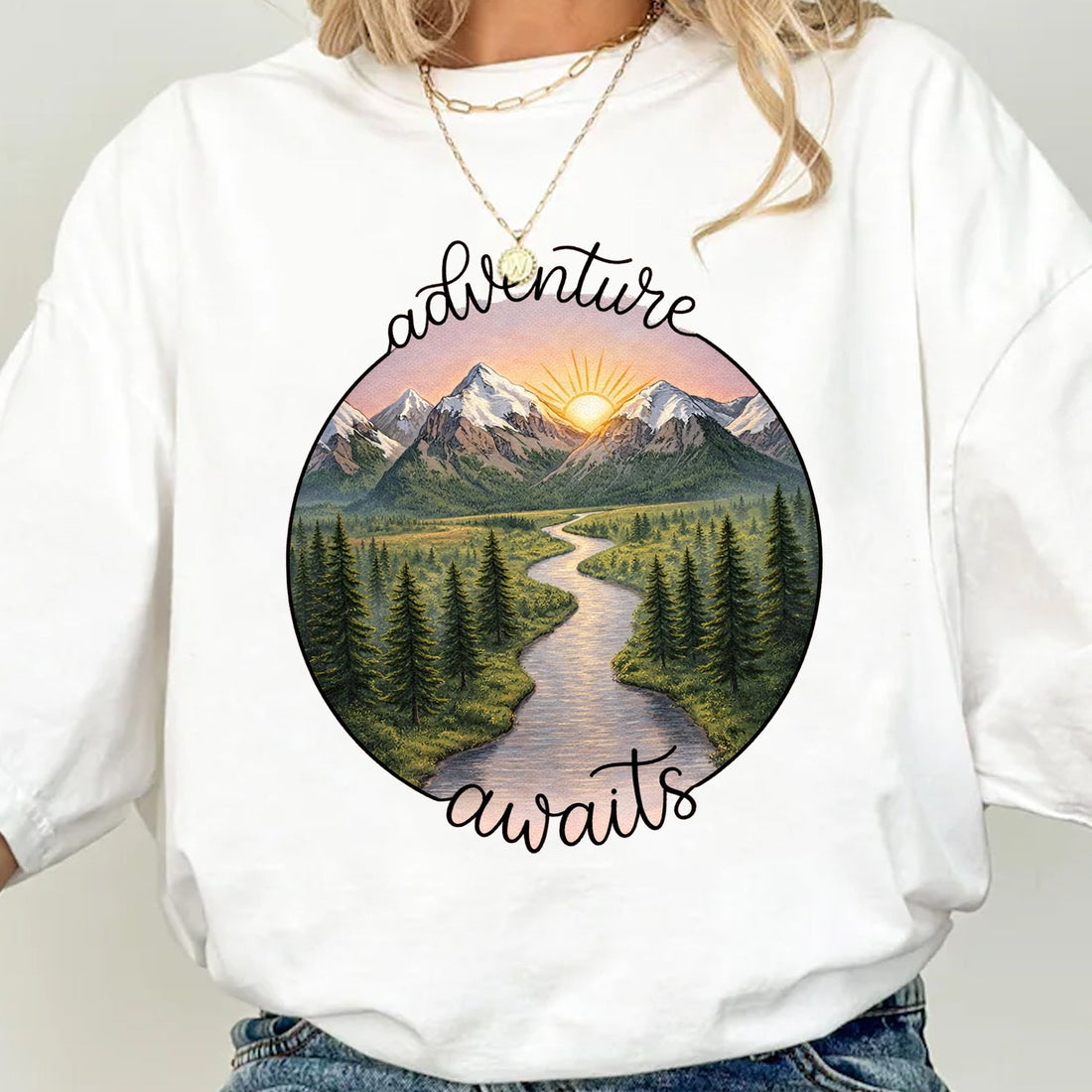Adventure Awaits Mountain River T-Shirt, Scenic Nature Landscape Graphic Tee, Outdoor Hiking Travel Shirt